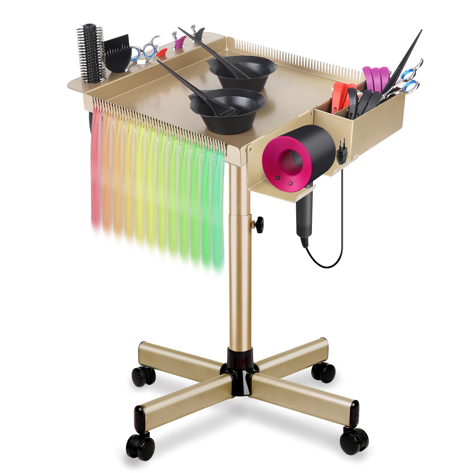 Rolling Salon Tray Cart, Champagne Gold Salon Tray, Multi-Function Metal Hairstylist Tray Height Adjustable with Holder and Hair Separator Stand for Salon Stations (with Wheels)-image-5