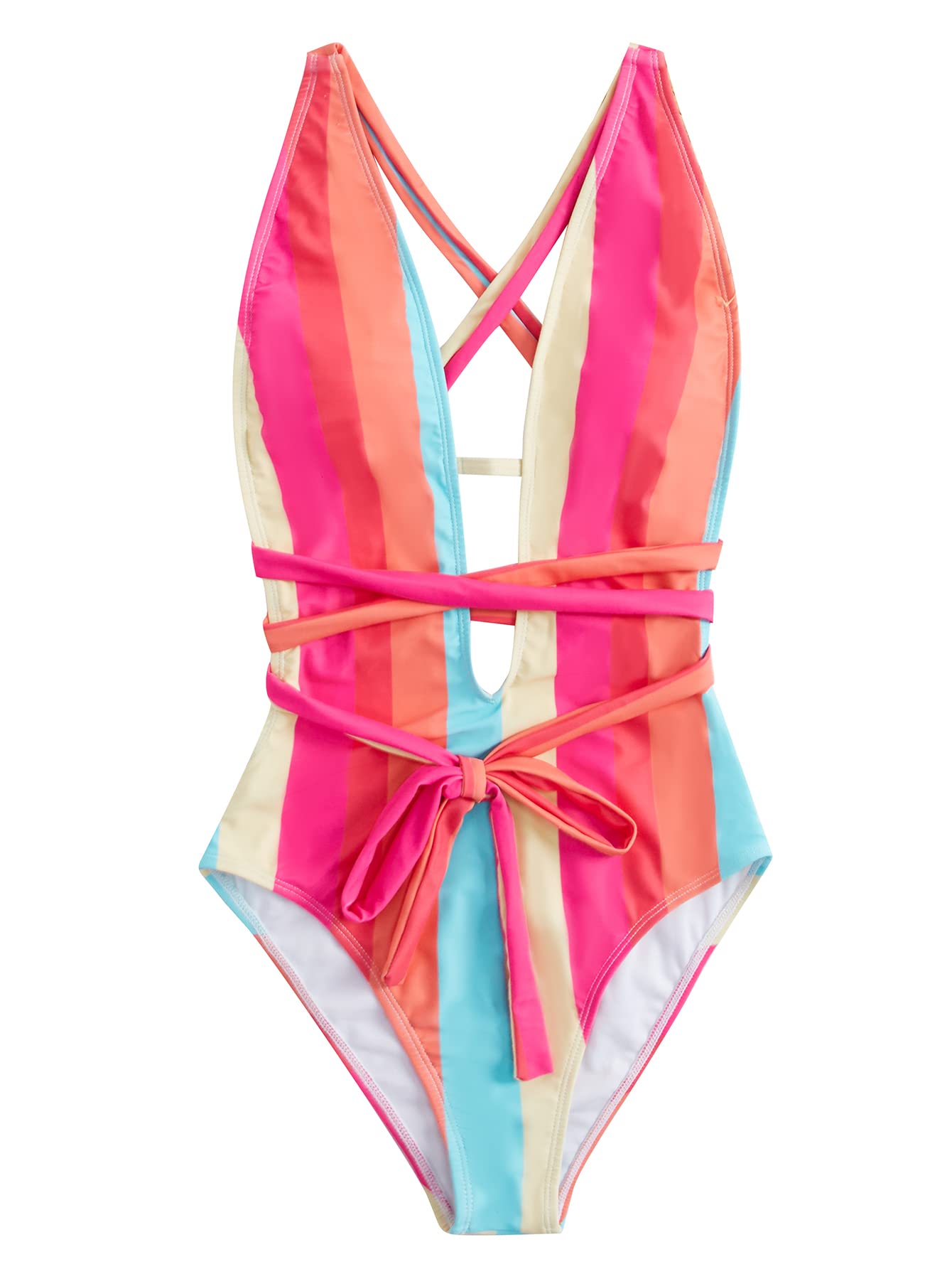 Women's Sexy Basic Criss Cross Tie Knot Front Deep V Open Back One Piece Swimwear