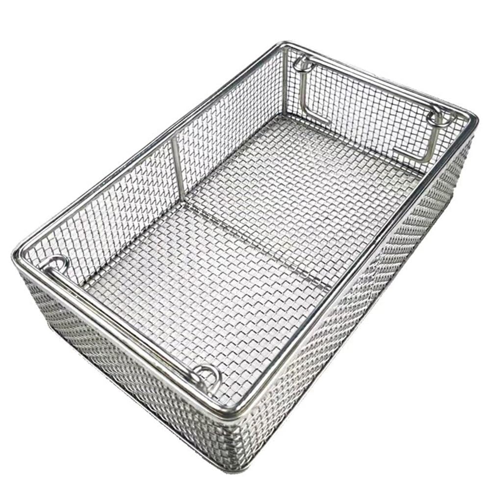 Bandeja de instrumentos médicos, cesta de esterilización de acero inoxidable, diseño perforado de malla de 4 mm, ideal para uso hospitalario y clínico, dimensiones 45 x 28 x 7 cm