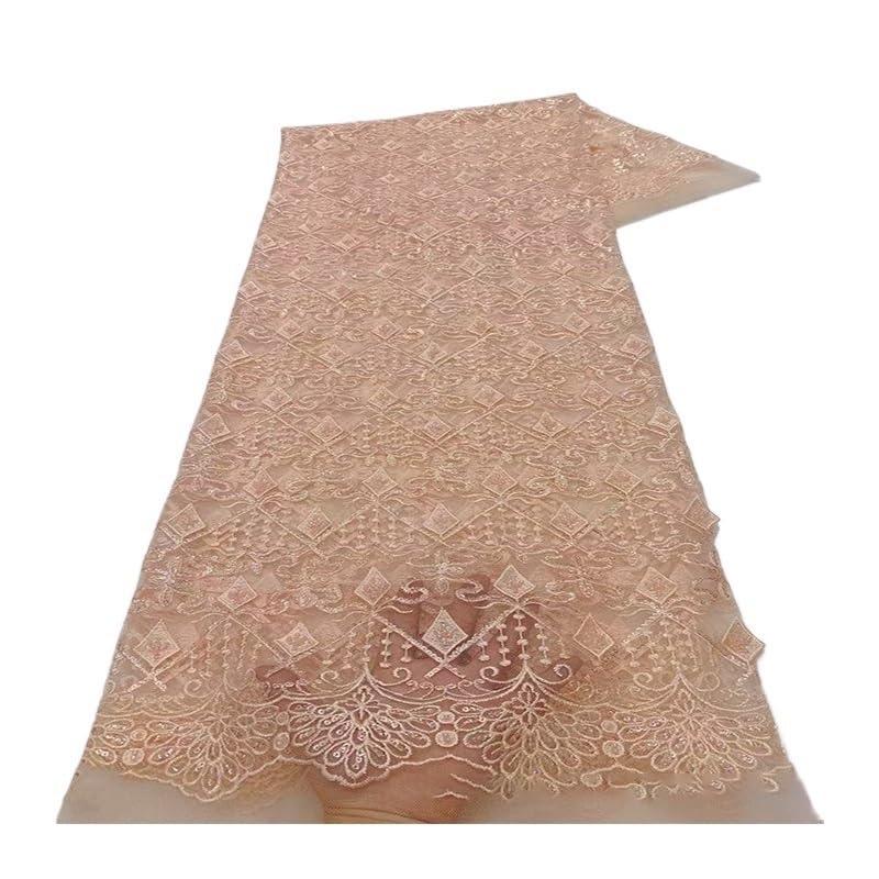 Tissu en dentelle à paillettes de diamant rose 5 yards brodé de perles tube pour robe