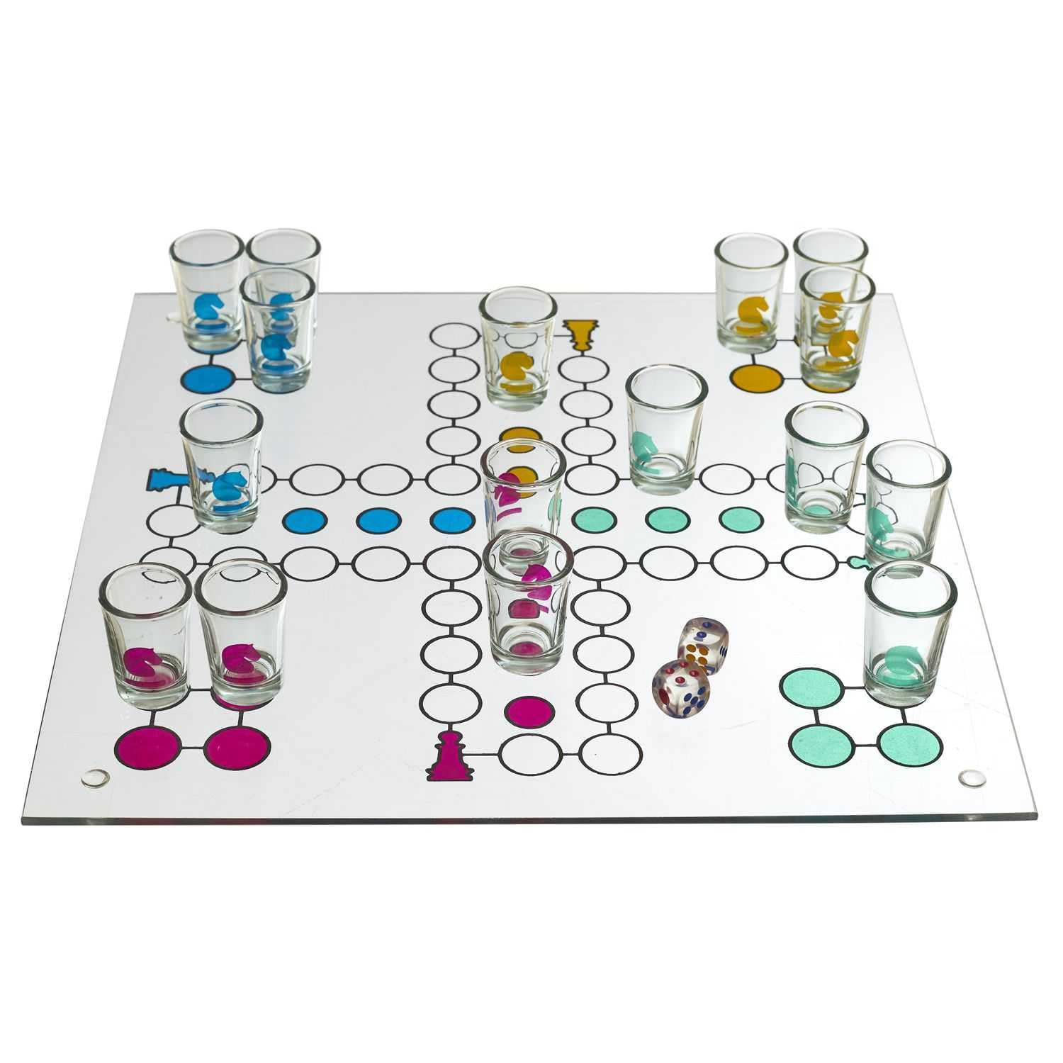 MISTER GADGET - MG3527 Jeu à Boire Petits Chevaux en Verre - Couleurs Variées - Amusement et Convivialité - Accessoire Festif pour Soirées - Blanc, Rouge, Bleu, Vert, Jaune