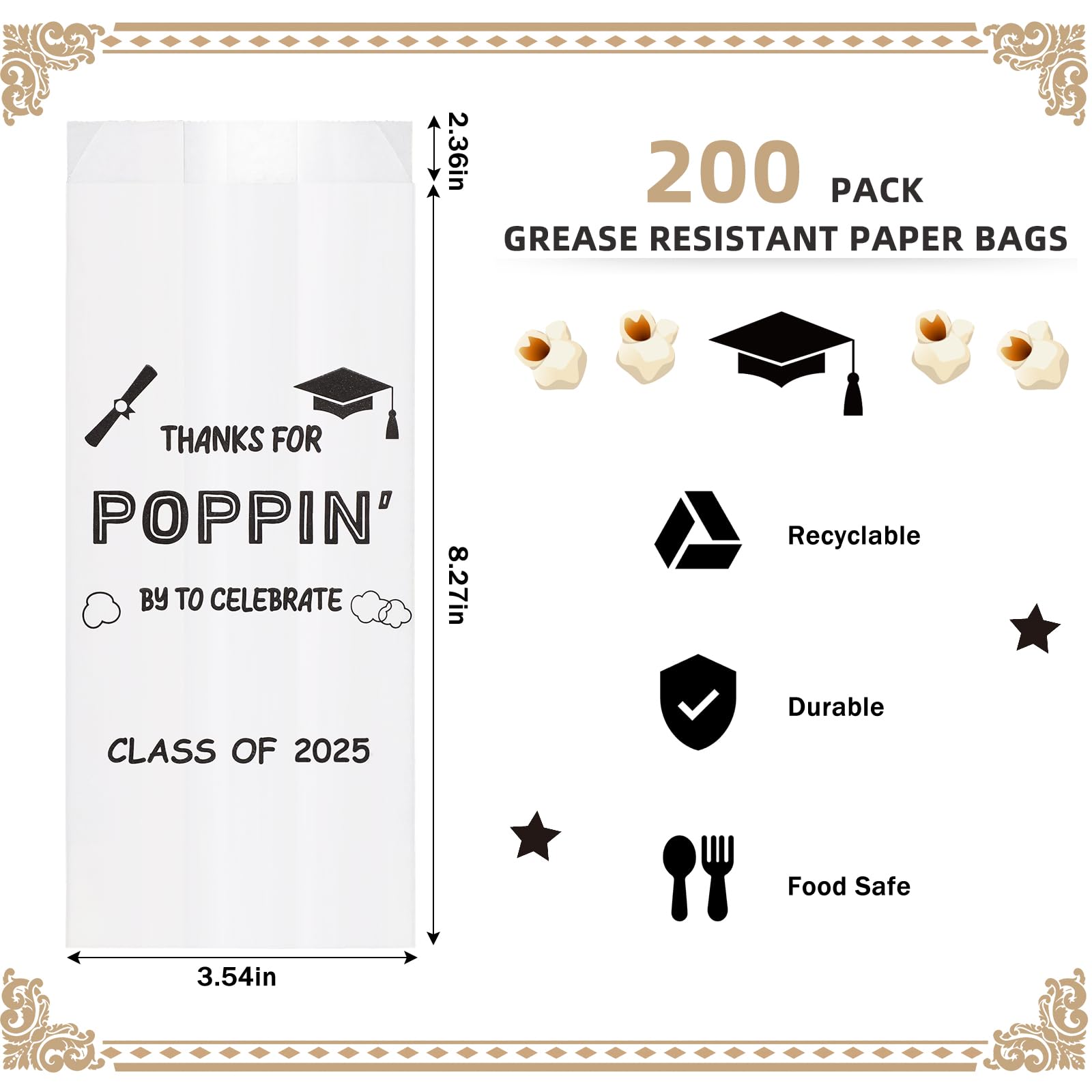 Sunnychicc 200 Pcs Class of 2025 Popcorn Bags Graduation Party Favors Snack Goodie Cookie Bags Grease Resistant Paper Individual Servings for Graduation Party Favors Pop Corn Bag(White)
