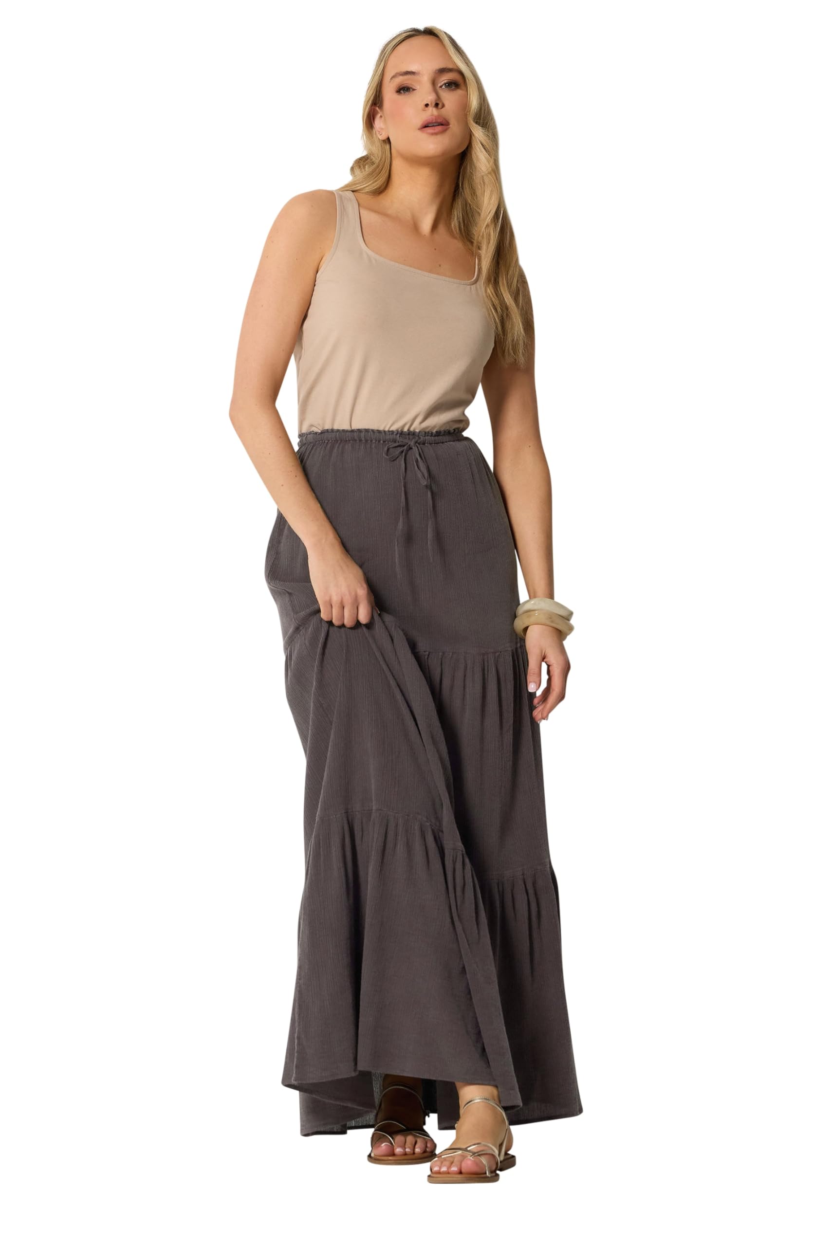 Long Tall Sally - LTS Tall Brown Acid Wash Tiered Maxi Skirt - Women's