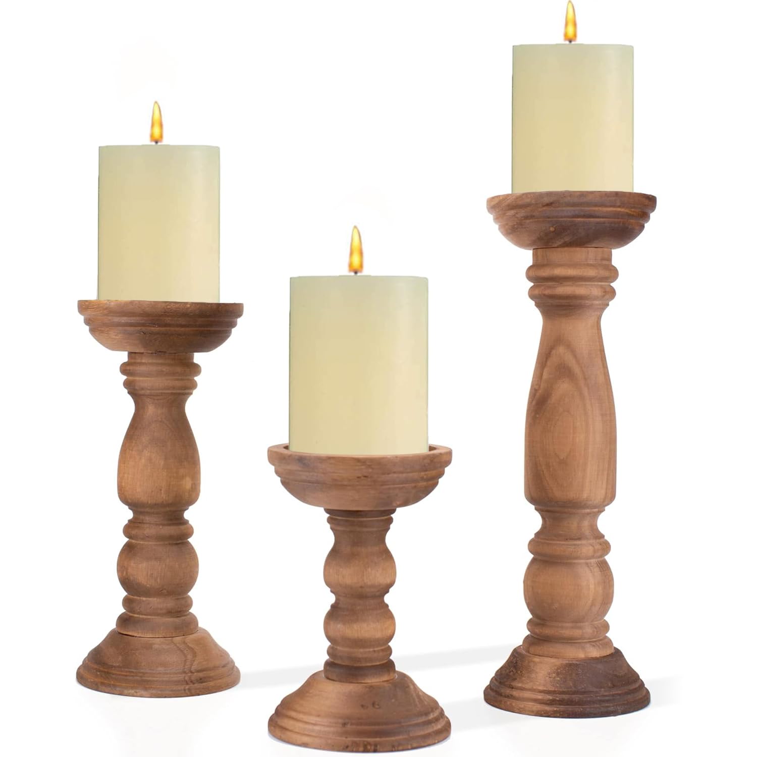 Angju Farmhouse Wooden Candle Holders for Pillar Candles Set of 3, Rustic Wood Candle Holder Table Centerpiece Decor, 30.5-22.5-15cm Vintage Tall Candle Stand Decorative for Wedding, Party and Festiva