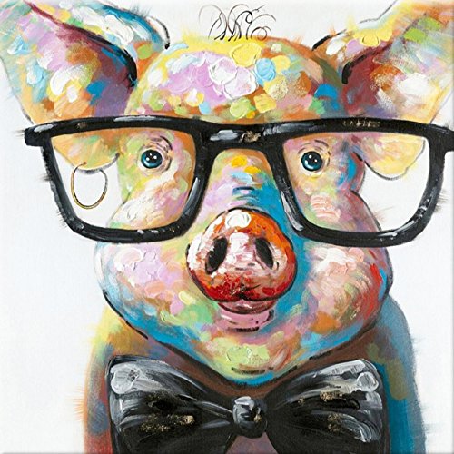 Muzagroo Art Hand Painted Cute Pig With Glasses Canvas Oil Paintings For Living Room Modern Art For Wall Decor Home Animals Canvas Wall Art For Bathroom cover
