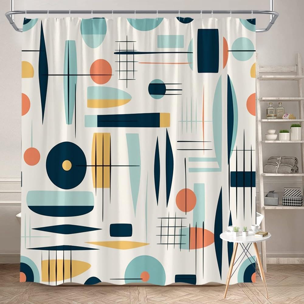 GLWDMB 1 Piece 180x180CM Colorful Abstract Shapes and Lines Geometric Printed Shower Curtain With Hook, Polyester, for Windows And Walls, Bathtub, Bathroom, Machine Washable, All Season Universal