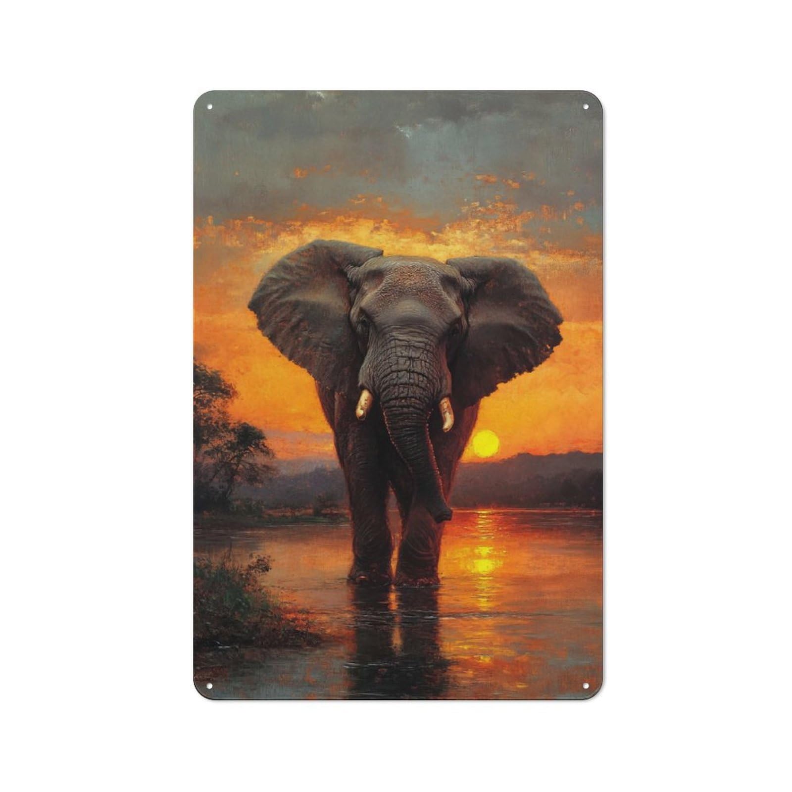 Junmoney Elephant Sunset Metal Wall Sign 30X20cm Featuring For Home Bar Wall, For Themed Interiors In Home Bars And Entertaining Spaces