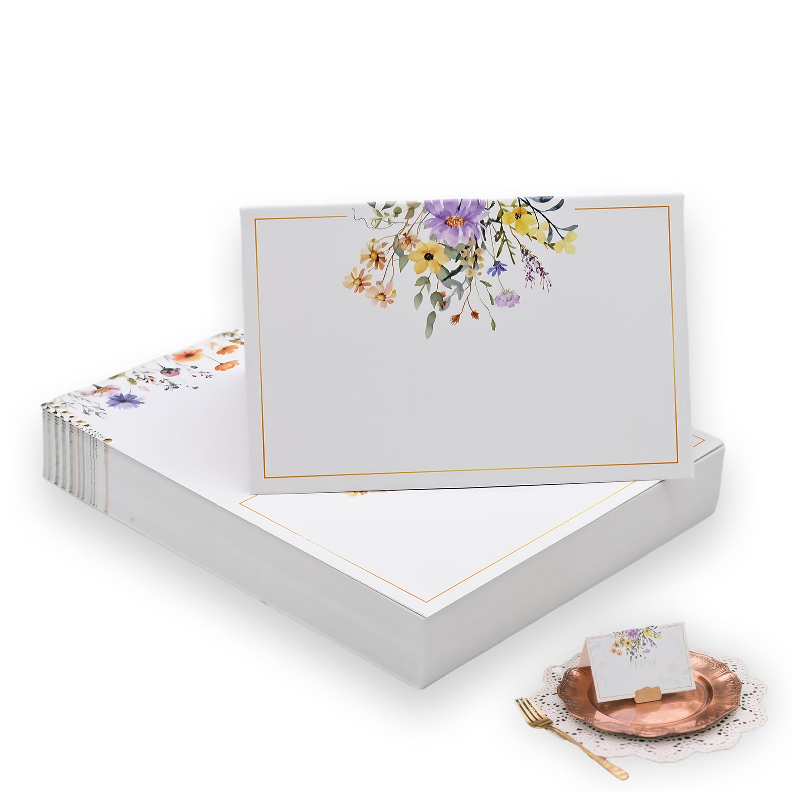 50pcs Wedding Place Cards, Flower Name Cards for Table Setting, Tented Table Place Cards for Wedding, Birthday, Christmas Party Decorations, Floral Design, Writable Double-Sided,Name Cards