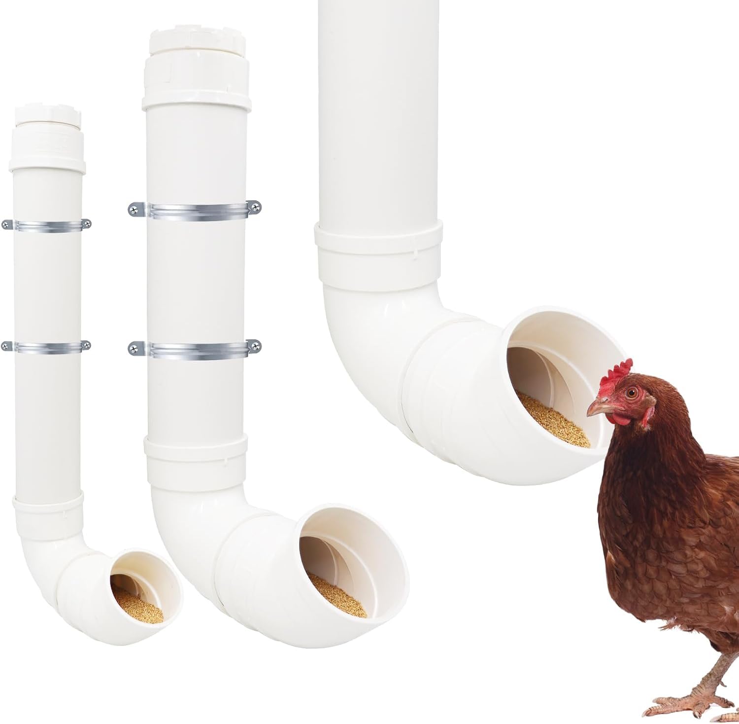 2 Pcs No Waste Chicken Feeders Kit - Large & Small Gravity PVC Feeders for Poultry (Chickens, Ducks, Turkeys, Geese)