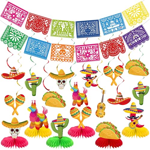 Image of 20 PCS Fiesta Party Decorations Set Mexican Banner Cinco De Mayo Mexico Banner Hanging Swirls and Honeycomb Centerpieces for Mexican Theme Fiesta Taco Birthday Party Decoration