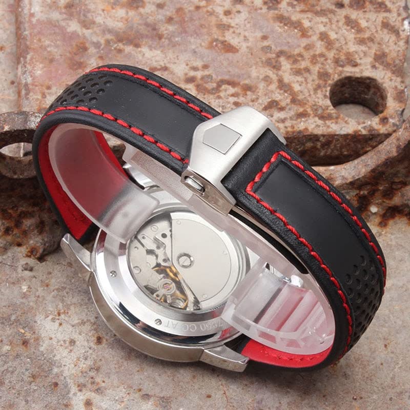 Bracelet de montre en cuir véritable de vachette haute qualité noir et rouge - 7