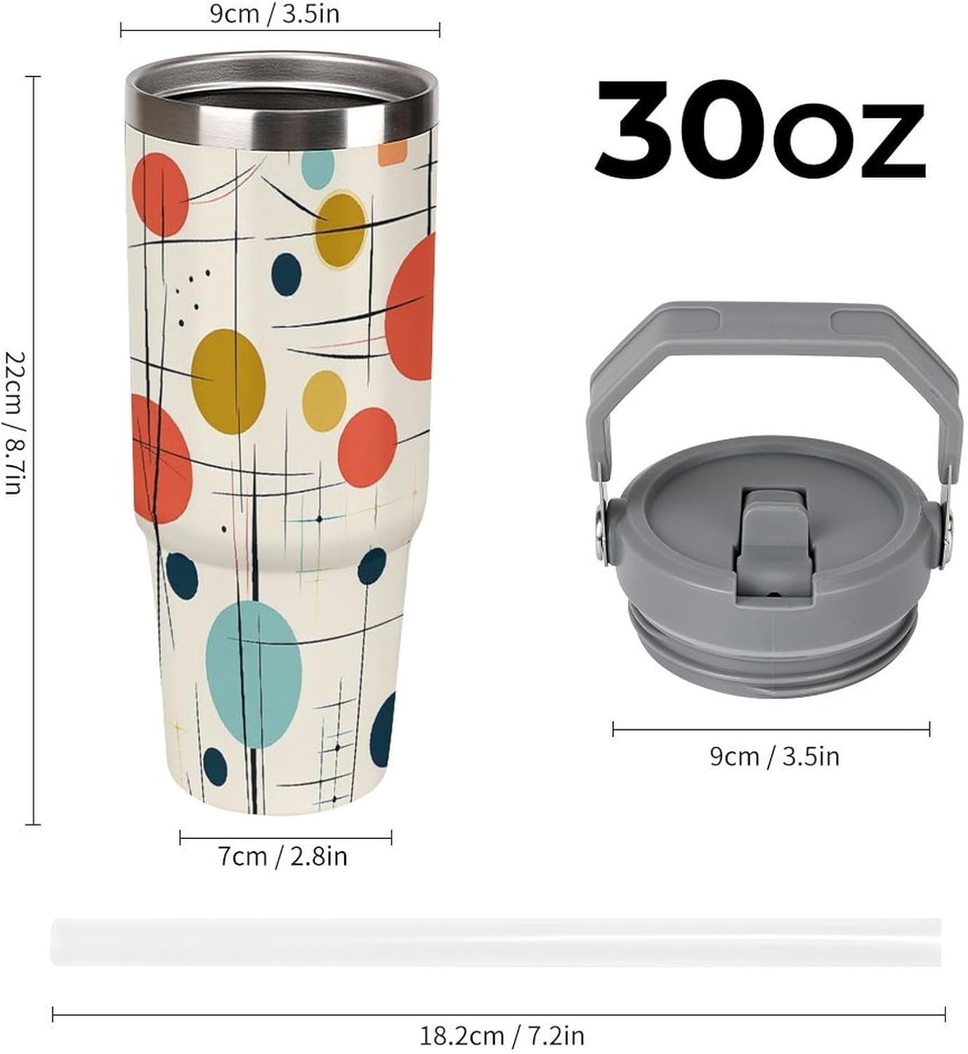 30oz Insulated Tumblers with Top Handle, Stainless Steel Modern Mid Century Car Cup with Straw for Gift, Leak-Proof Double Wall Vacuum Travel Mug, Personalized Water Bottles White