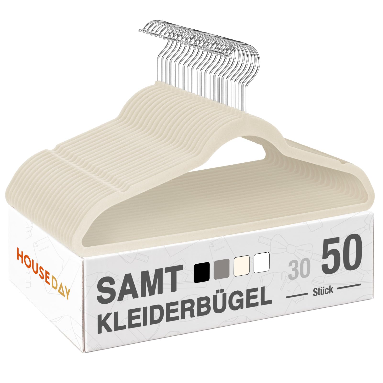 HOUSE DAY Kleiderbügel Samt 50er Set, Kleiderbügel Platzsparend, Bügel rutschfest und Samtbügel Schmal mit 360° Drehbarer Haken, für Hemden, Anzüge, Mäntel, Pullover, Hosen, Beige