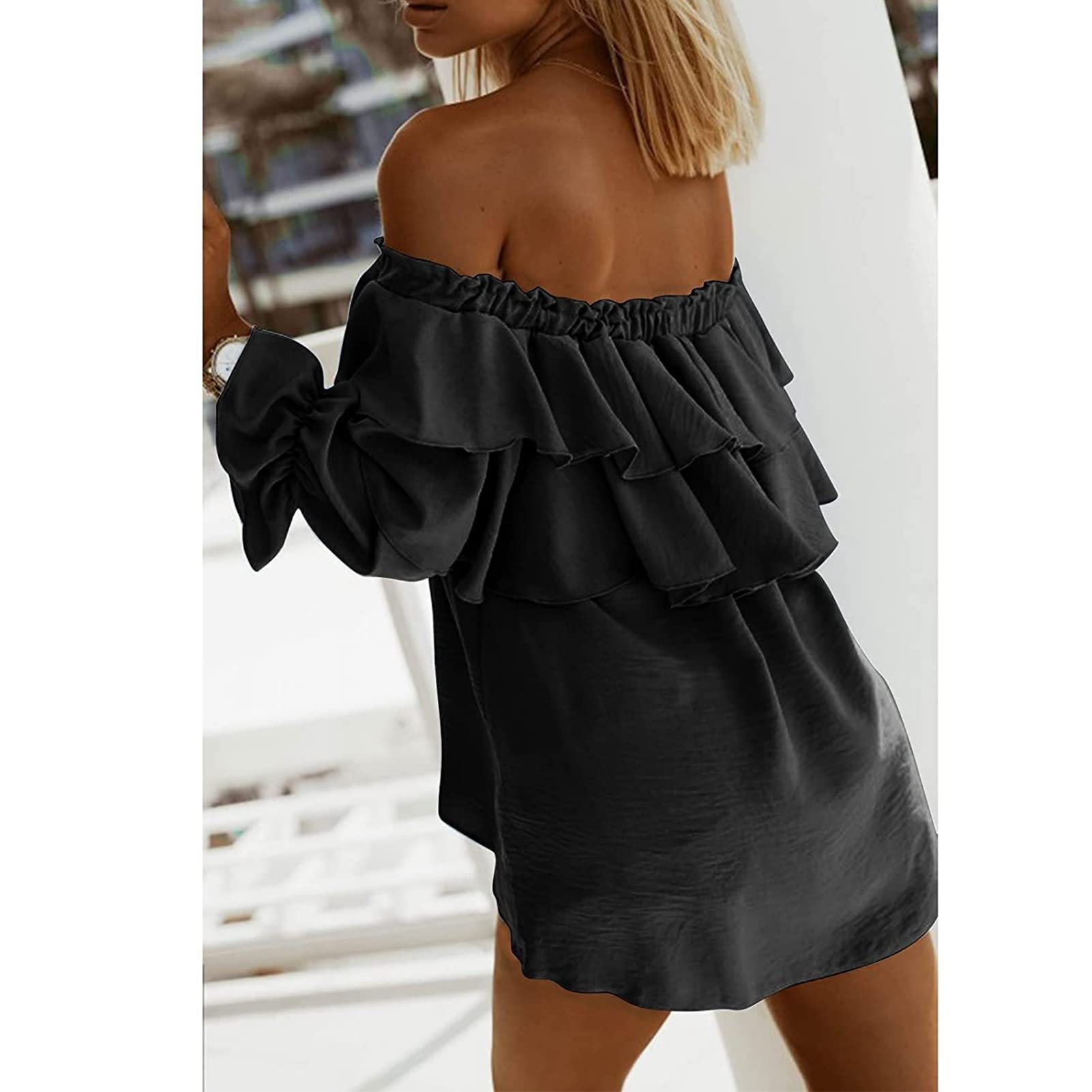 Damen Schulterfrei Oberteile 3/4 Geschichtete Rüschenärmel Rückenfrei T-Shirts Elegant Bluse Tops(m-Schwarz)