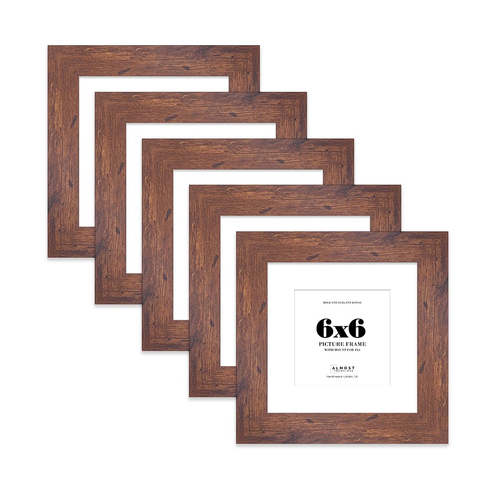 6x6" Rustic Wood Square Frame With Mount for 4x4" Pictures 28mm Edge Frame Display with Wall Hooks and Kickstand, 5 Pack