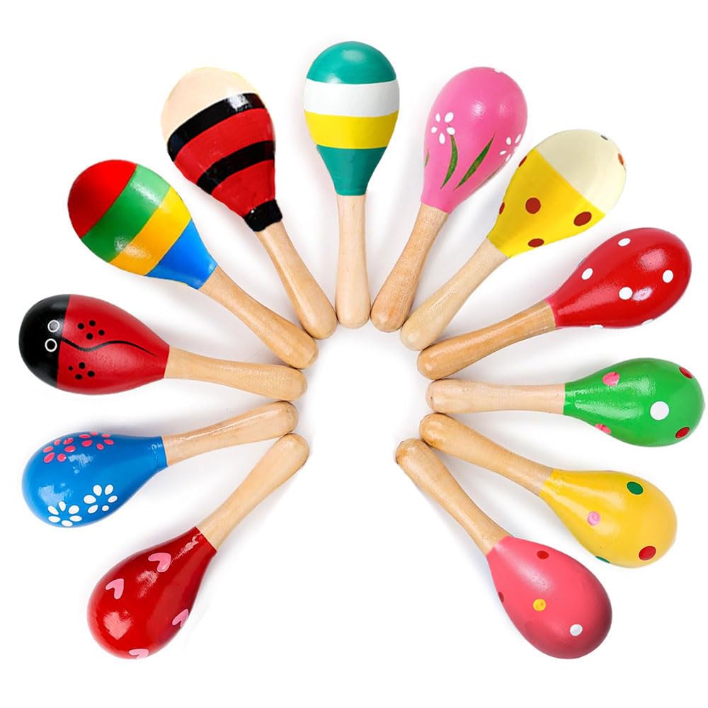 Mydio 12 Pack 4.5" Wooden Fiesta Maracas Assorted Color and Design,Pack of 12