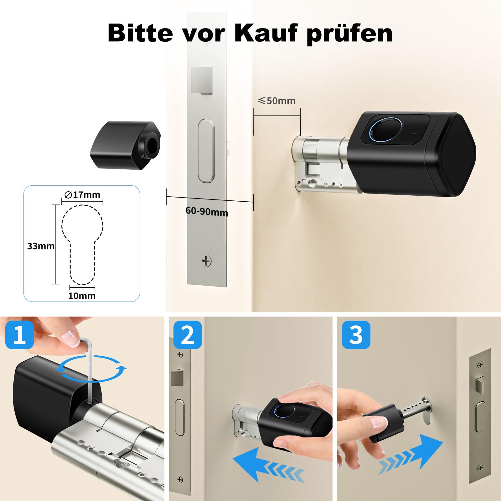 Türschloss Fingerabdruck, Fingerabdruck Schloss, Verstellbare Länge elektronisches türschloss, Smart Lock mit RFID-Karte, App, WLAN, Bluetooth-Entriegelung,Verlängerungszubehör,60–90 mm, schwarz