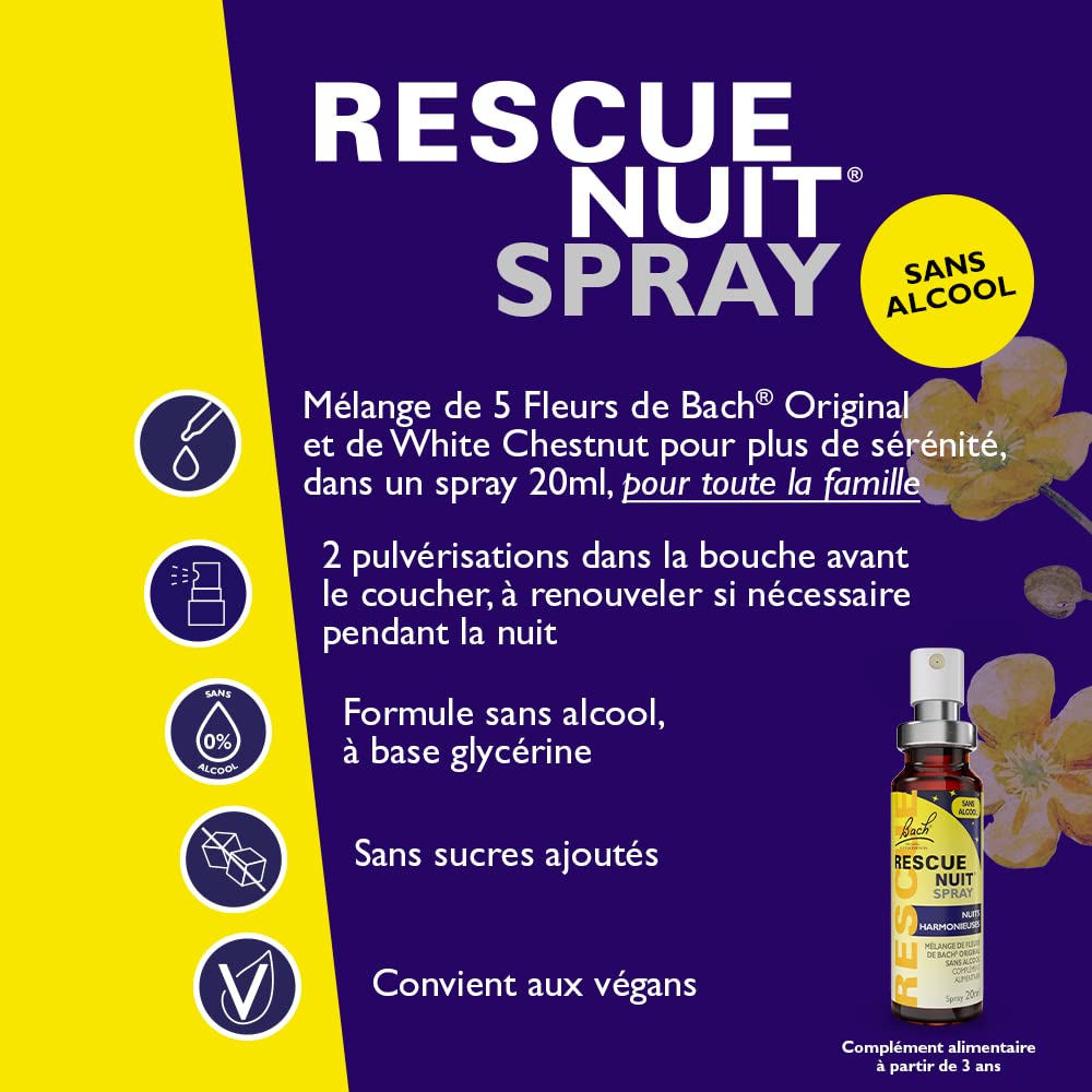 RESCUE NOCHE Spray Sin Alcohol 20 ml, mezcla de 6 flores de Bach Original, para noches serenas, pensamientos inquietantes, cogitaciones, reanudación de trabajo, revisiones