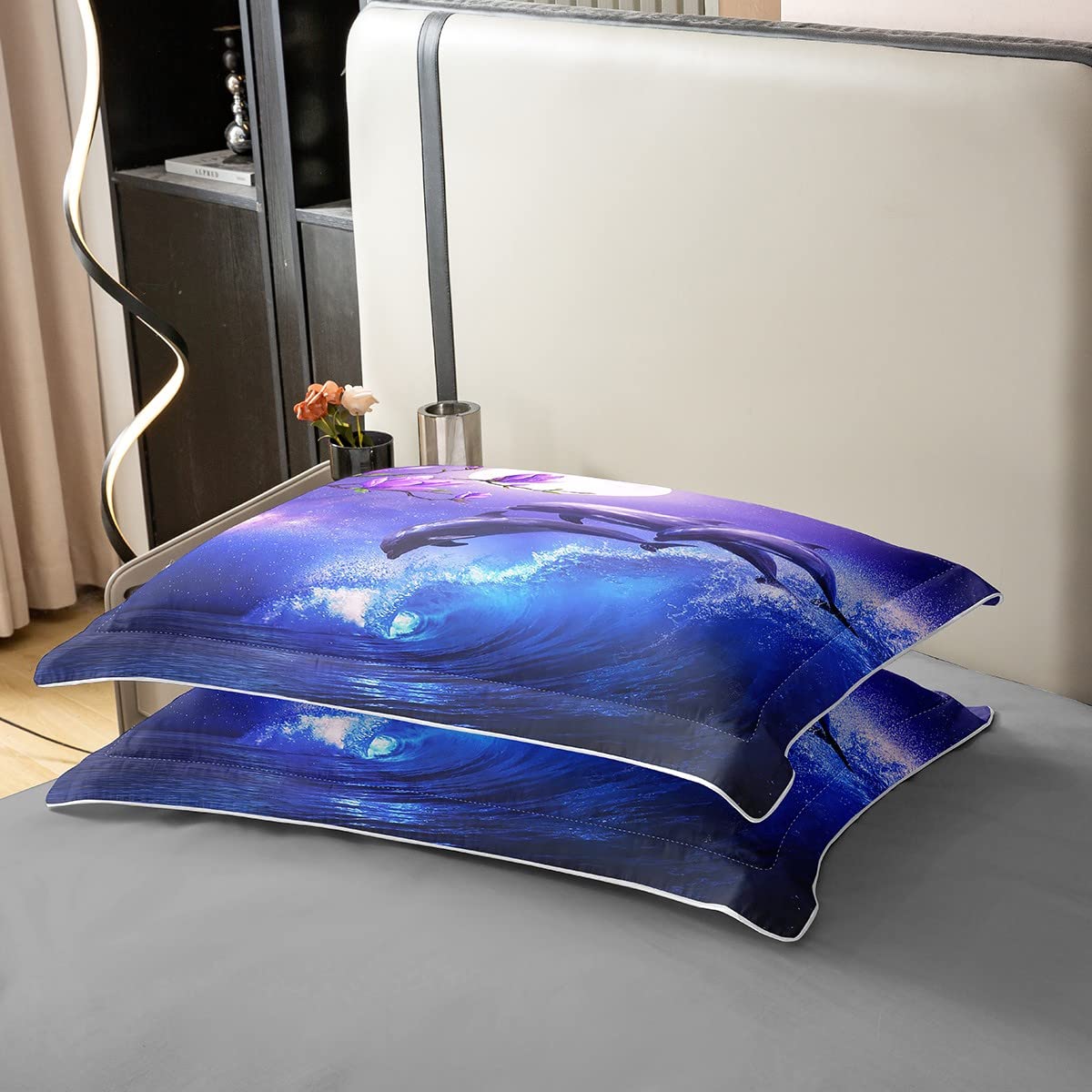 Galaxy Dolphin 100% Waschen Baumwolle Bettbezug 135x200 Coastal Ozean Waves Bettwäsche Set Lila Kirschblüten Meer Tier Tröster Bezug für Kinder Jungen Mond Himmel Starry Steppdeckenbezug Blau