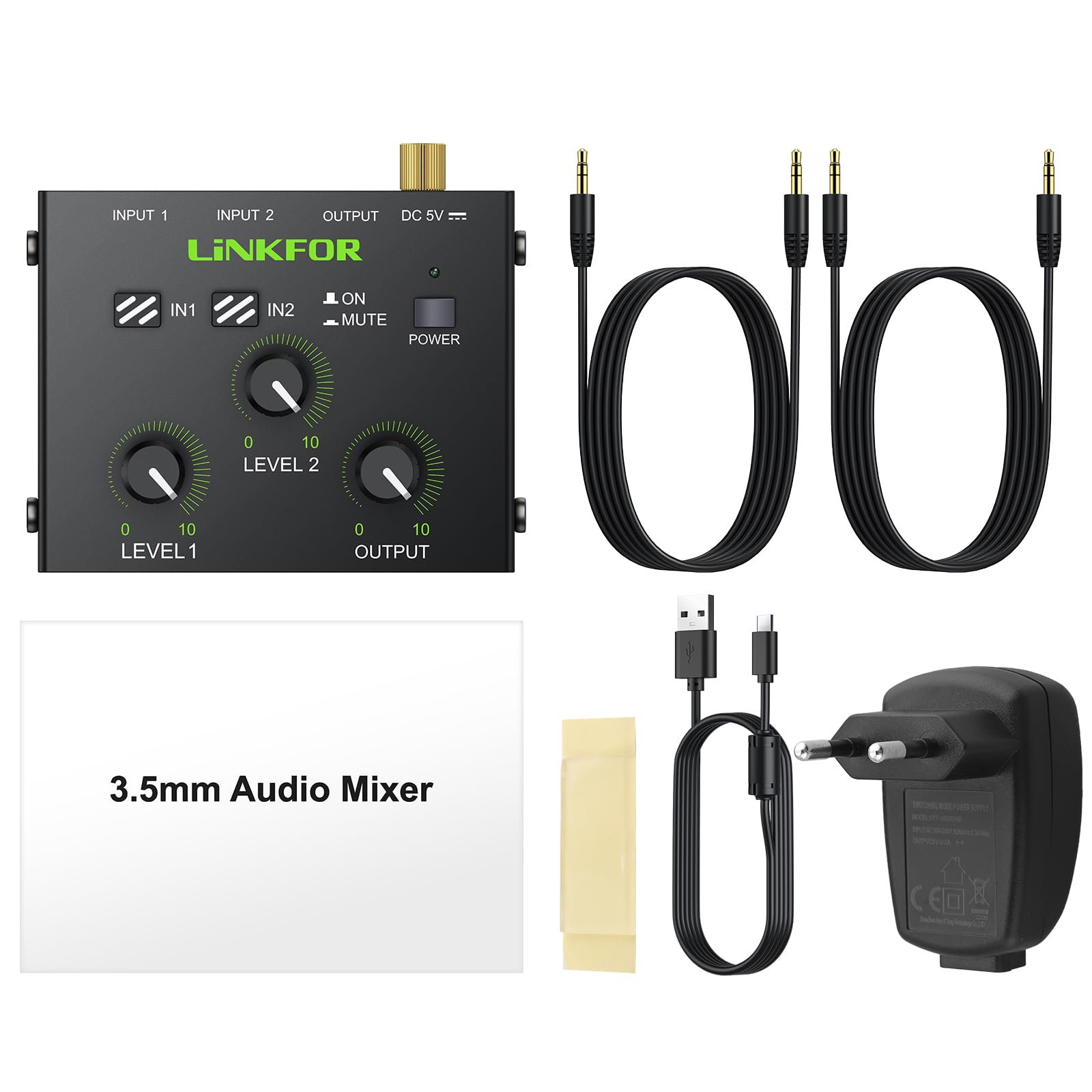 LiNKFOR Mixer Stéréo 3.5mm 2 Canaux avec Préamplificateur Table de Mixage Mini avec Contrôle Volume Doré Câbles et Alimentation Inclus