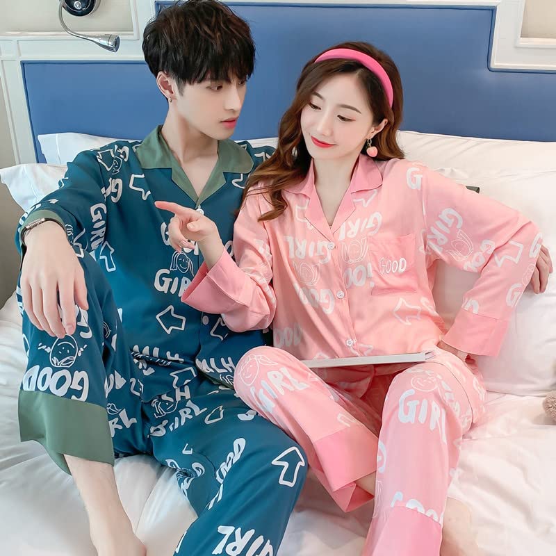 brostyle Ladies Men's Pajamas Cartoon Pajamas Couple Pajamas Summer Cotton Silk Pajamas Suit Men and Women Long-Sleeved Trousers Home Clothes can be Worn Outside(Arrow Letter,XL)