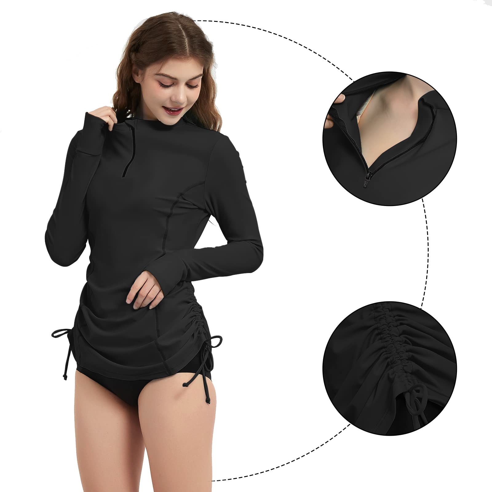 LilyCat Rash Guard damska odzież chroniąca przed słońcem z długim rękawem, do połowy zamek błyskawiczny, koszula pływacka, regulowany strój kąpielowy topy