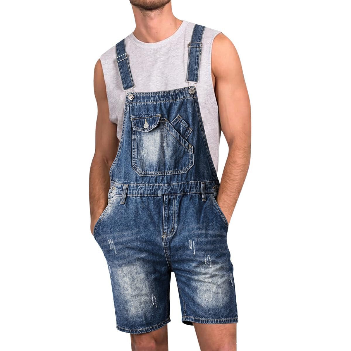 Salopette Corti Uomo Classica Pantaloncini da Lavoro Estivi Jumpsuit Salopette con Tasche Casual Retro Cargo Tuta Overalls Corta Vestibilità Regolare