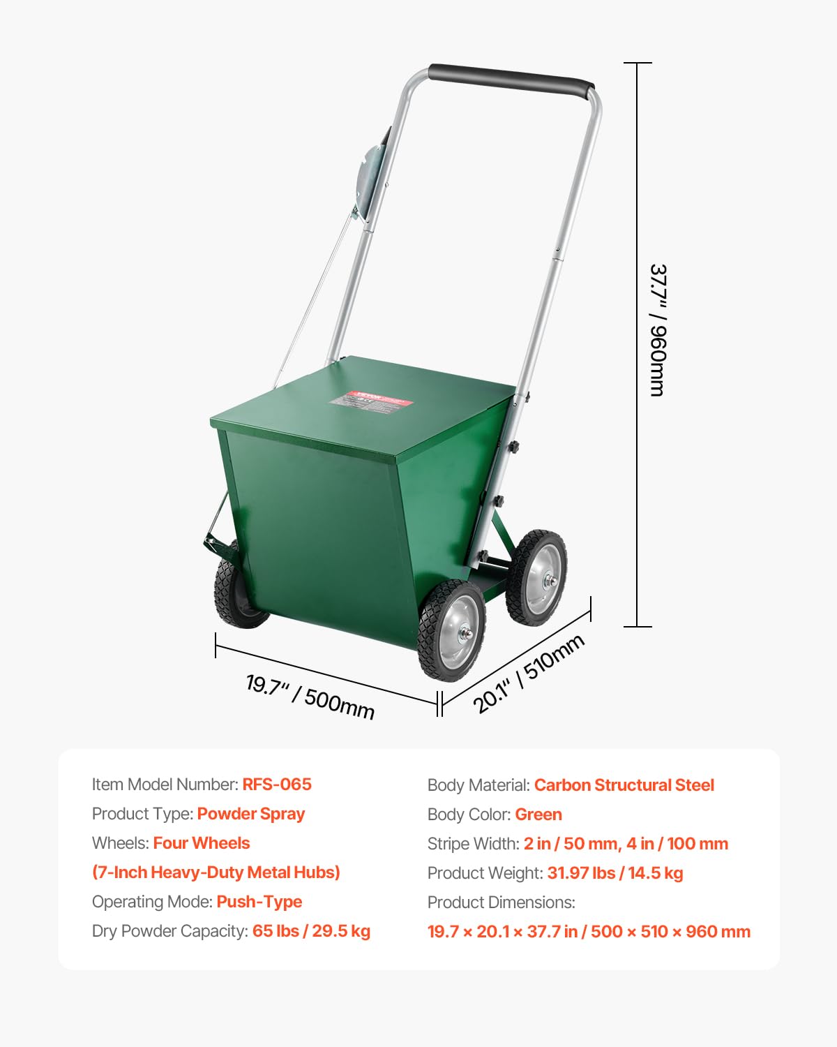 VEVOR Marcador de Línea Seca con 4 Ruedas, Ancho de Raya 50/100 mm, Marcador de Línea Ajustable con Mango de Ajuste de Goma, Capacidad de Polvo Seco de 29,5 kg para Campo de Béisbol y Sóftbol, Verde