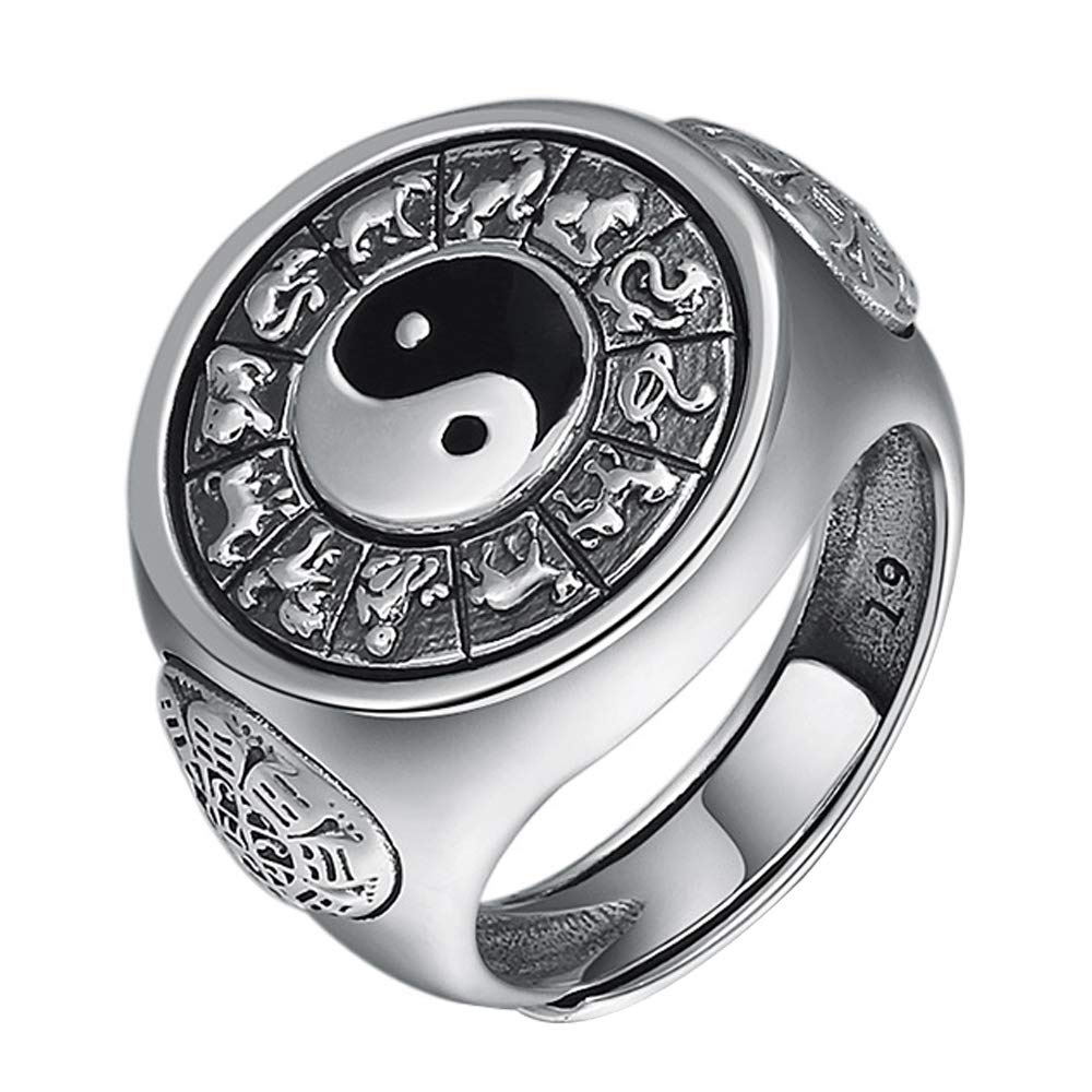 ForFox Anillo giratorio Yin Yang Chino esmalte de plata de ley 925 con doce zodiacos para hombres mujeres abierto y ajustable