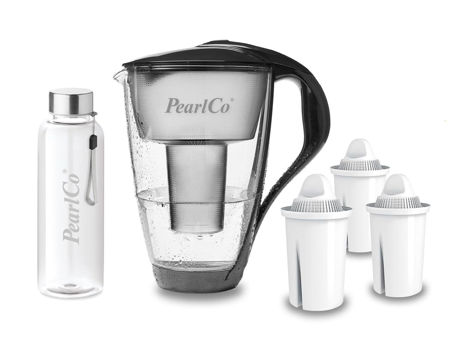 PearlCo - Szklany filtr do wody (antracyt) z 3 uniwersalnymi wkładami filtrującymi Classic + 1 butelka na napoje ze szkła