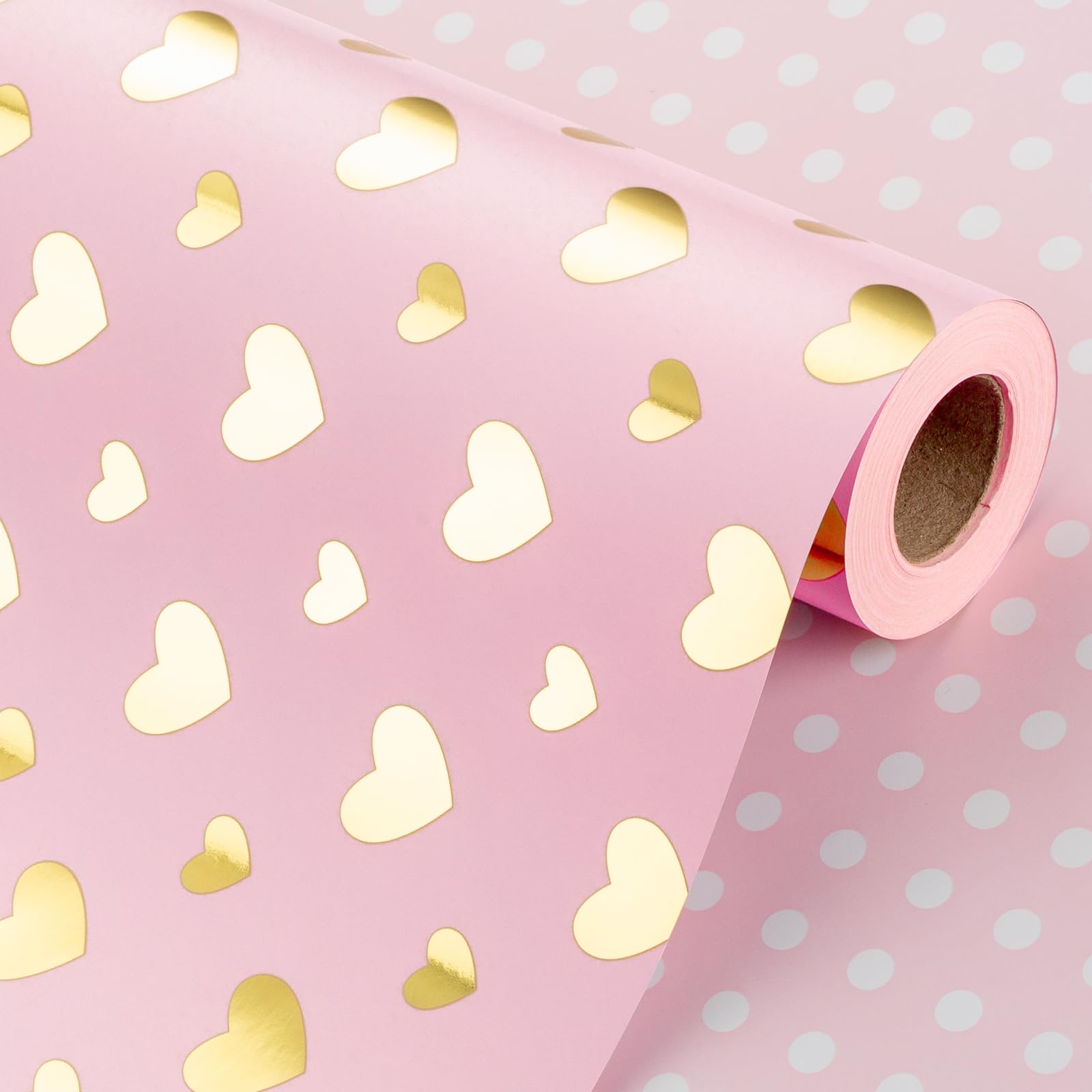 Wikadlik Gold Shine Cute Heart Wrapping Paper - Reversible Polka Dots Pink Gift Wrap Paper for Valentines Day, Wedding, Birthday, Bridal Shower - 43cm x 10m — image 1