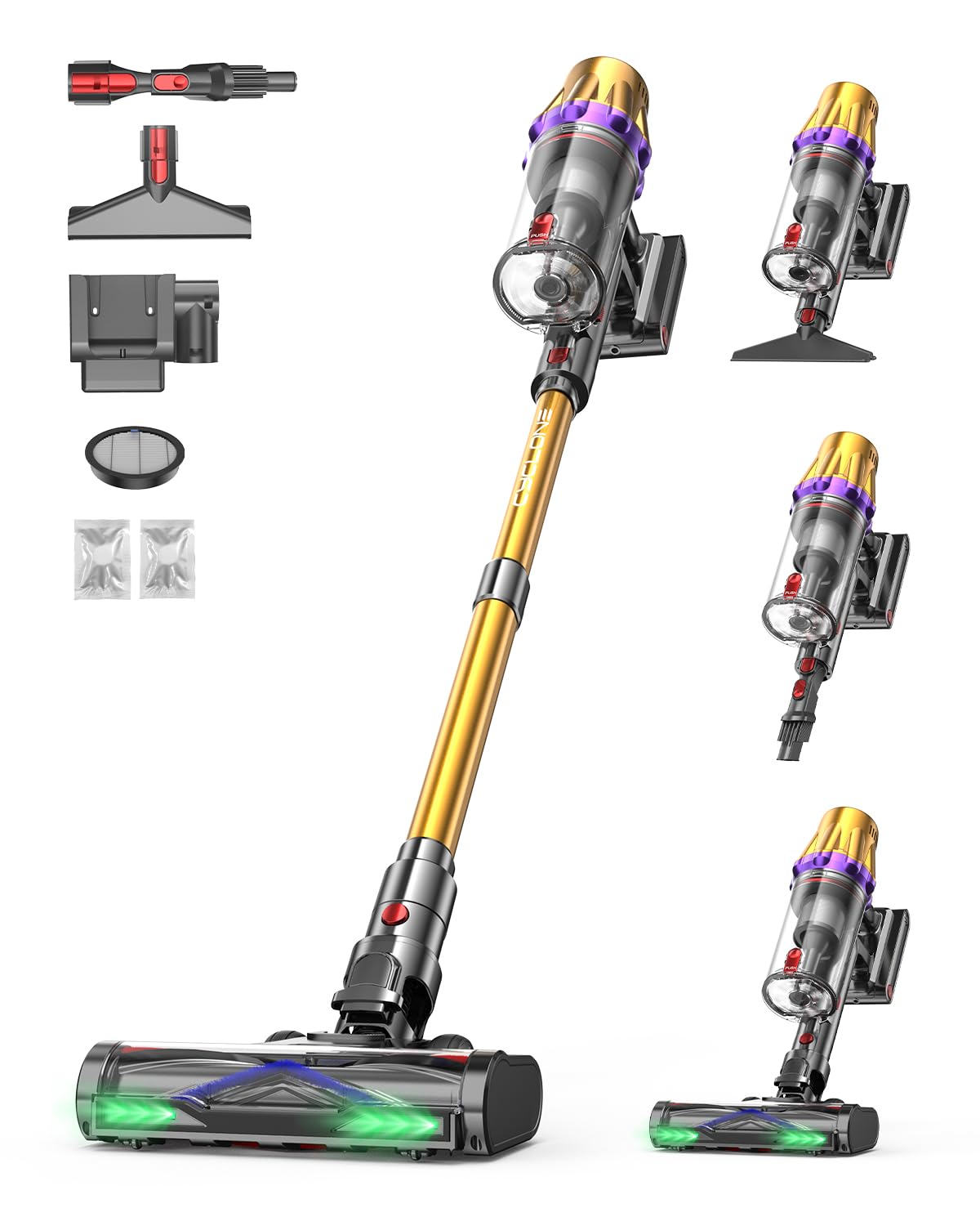 aonus Aspiradora sin Cable 60KPa/650W/80Min, Aspirador Escoba Potente | Vacuum Cleaner | Anti-Enredos | 8x3000mAh Batería | Autoportante | Luz LED Verde | para Pelo de Mascotas Alfombra Suelo Duro