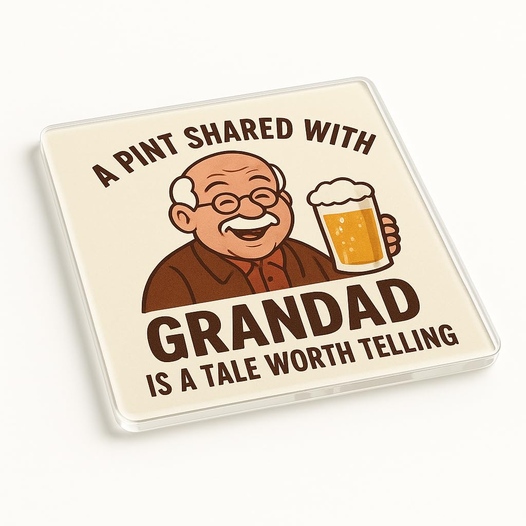 Funny Acrylic Coaster Gift for Grandad Birthday - 'Beer Tastes Better with Grandad Stories' Novelty Drinkware Cartoon