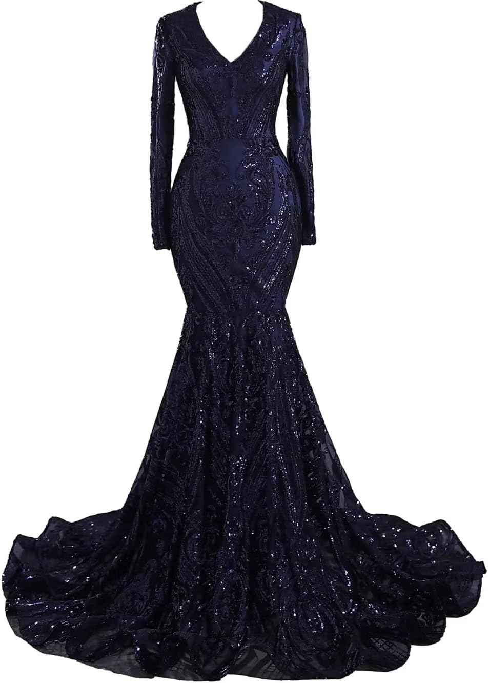Women's Long Sleeves Mermaid V-Neck Sequins Evening Dress Prom Party Gowns
