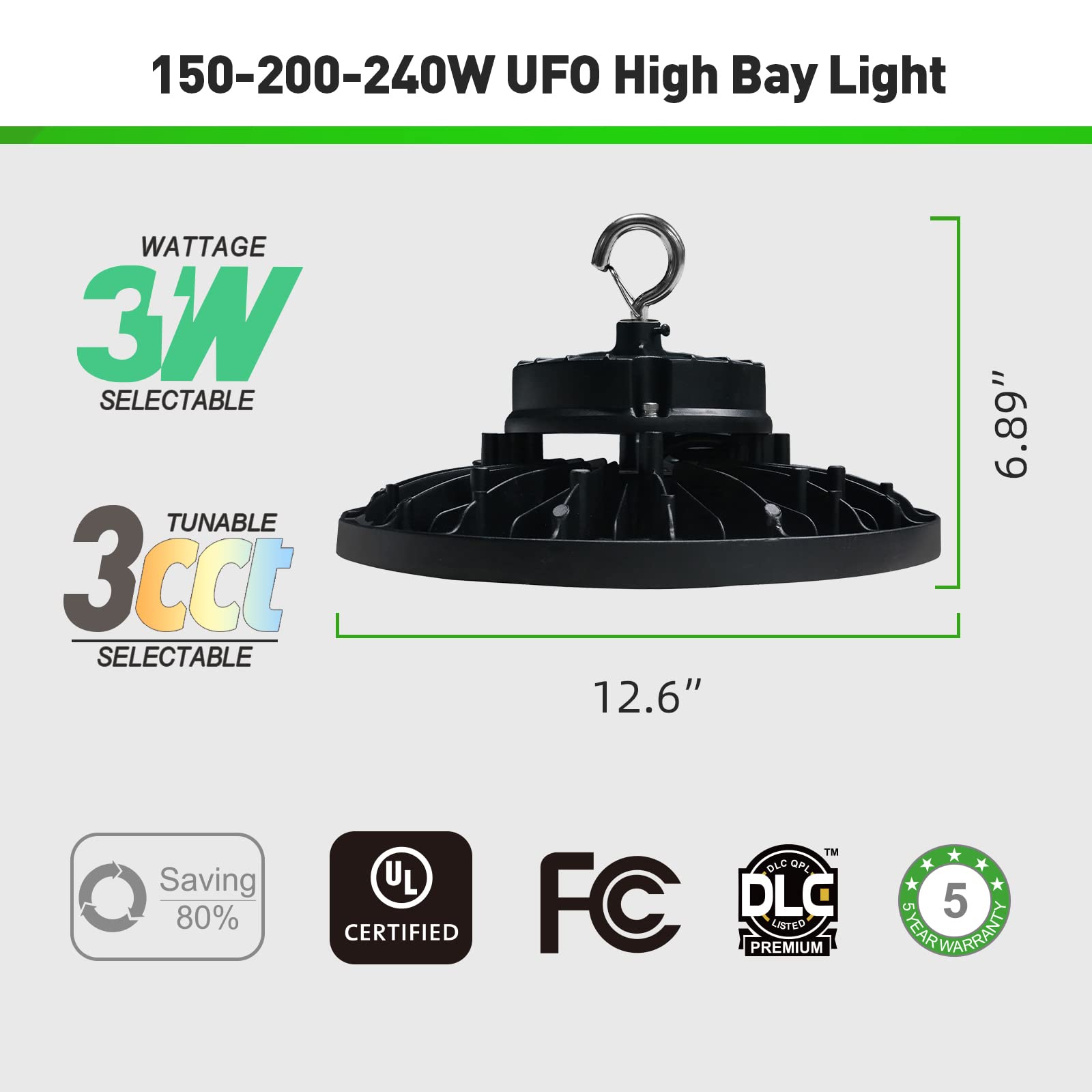 UFO LED High Bay Light 150 200 240 Wattage Selectable with Preinstalled Hook IP65 Waterproof 0-10V Dimmable Commercial — view 5
