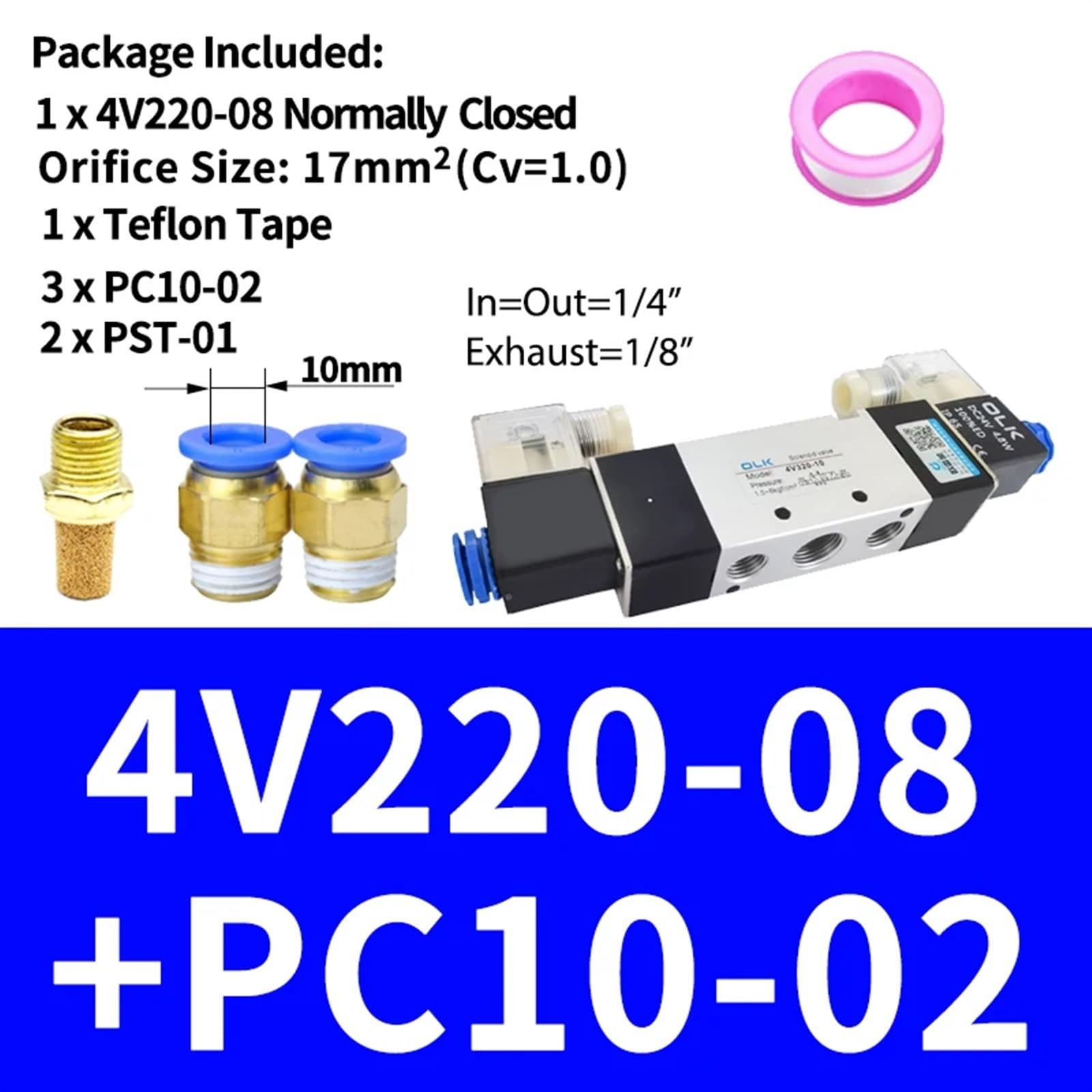 1 Pieza 4V220-08 4V320-10 4V420-15 Válvula solenoide 2 Posiciones Válvulas de Aire neumáticas de 5 Puertos DC12V DC24V AC110V AC220V Bobina Doble Tamaño: AC220V(4V220-08 PC10-02,AC220V)