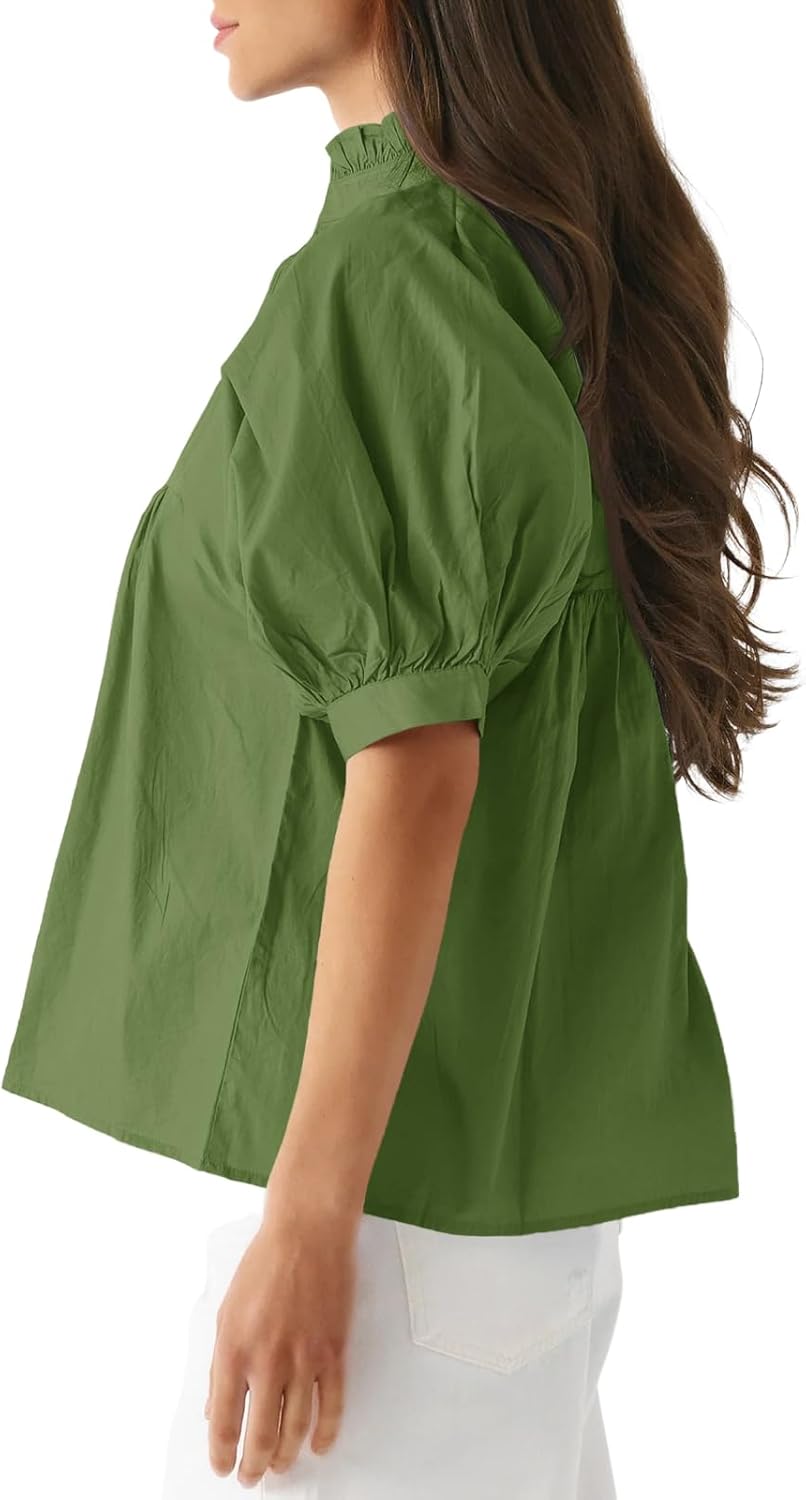 Cicy Bell Womens Puff Sleeve V Neck Blouse Babydoll Peplum Tops Dressy Casual Pleated Loose Fit Shirts - Image 2