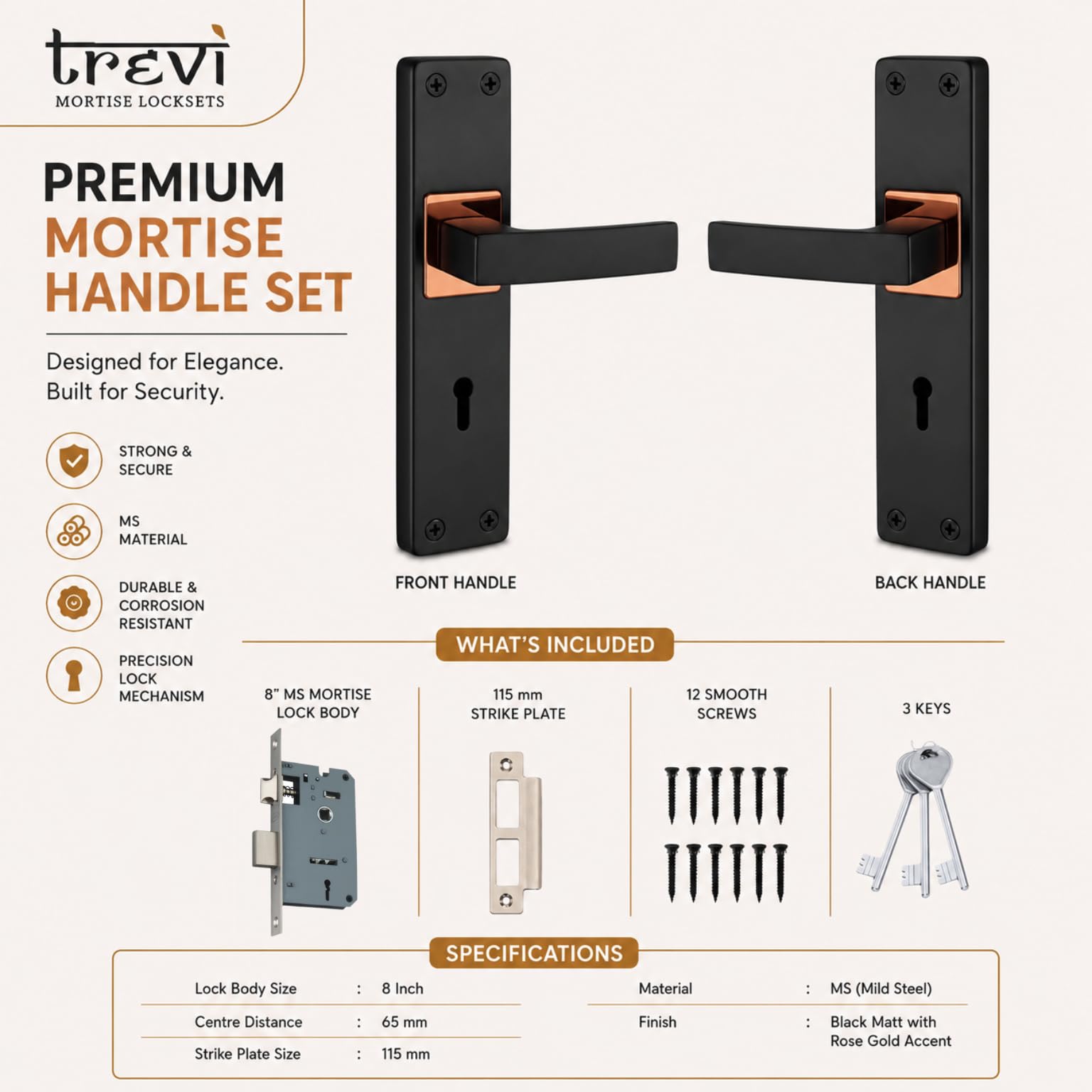 TREVI-Premium Mortise Door Lock Set for Main Door & Bedroom – Heavy-Duty Zinc & Brass Lock Handlesets – Stylish Black Matt Finish Handle Set with 3 Brass Keys Model Ferric KY (3 Steps Quality Checked) — Amazon image 2