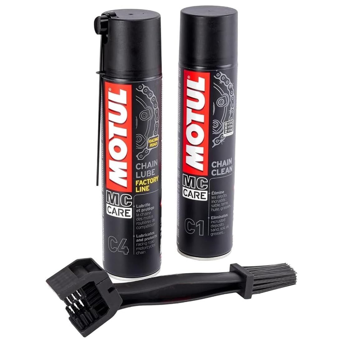 Kit detergente lubrificante per catena Motul C4 400 ml + C1 400 ml + spazzola per la pulizia della catena