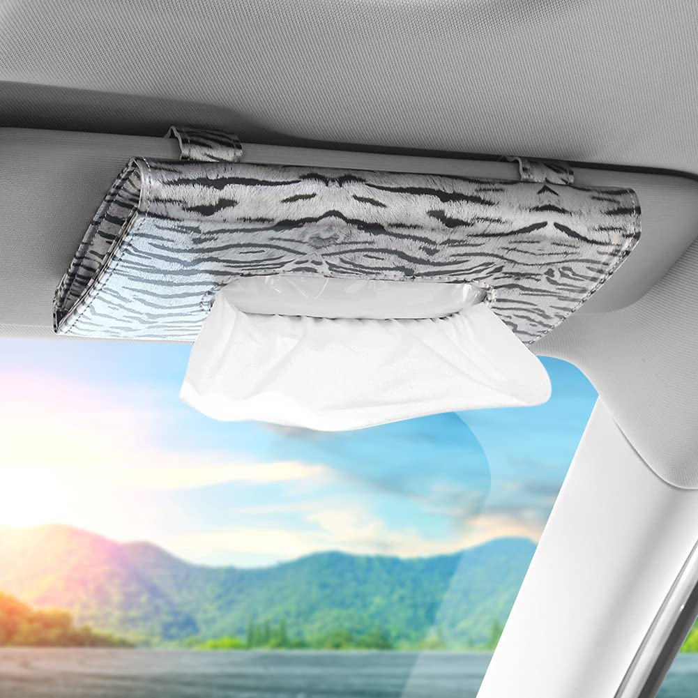 Soleebee 2 Pcs Car Tissue Holder, Sun Visor Napkin Holder Car Backseat Tissue Dispenser PU Leather Car Tissue Box with Tissue Refill (Zebra Print)