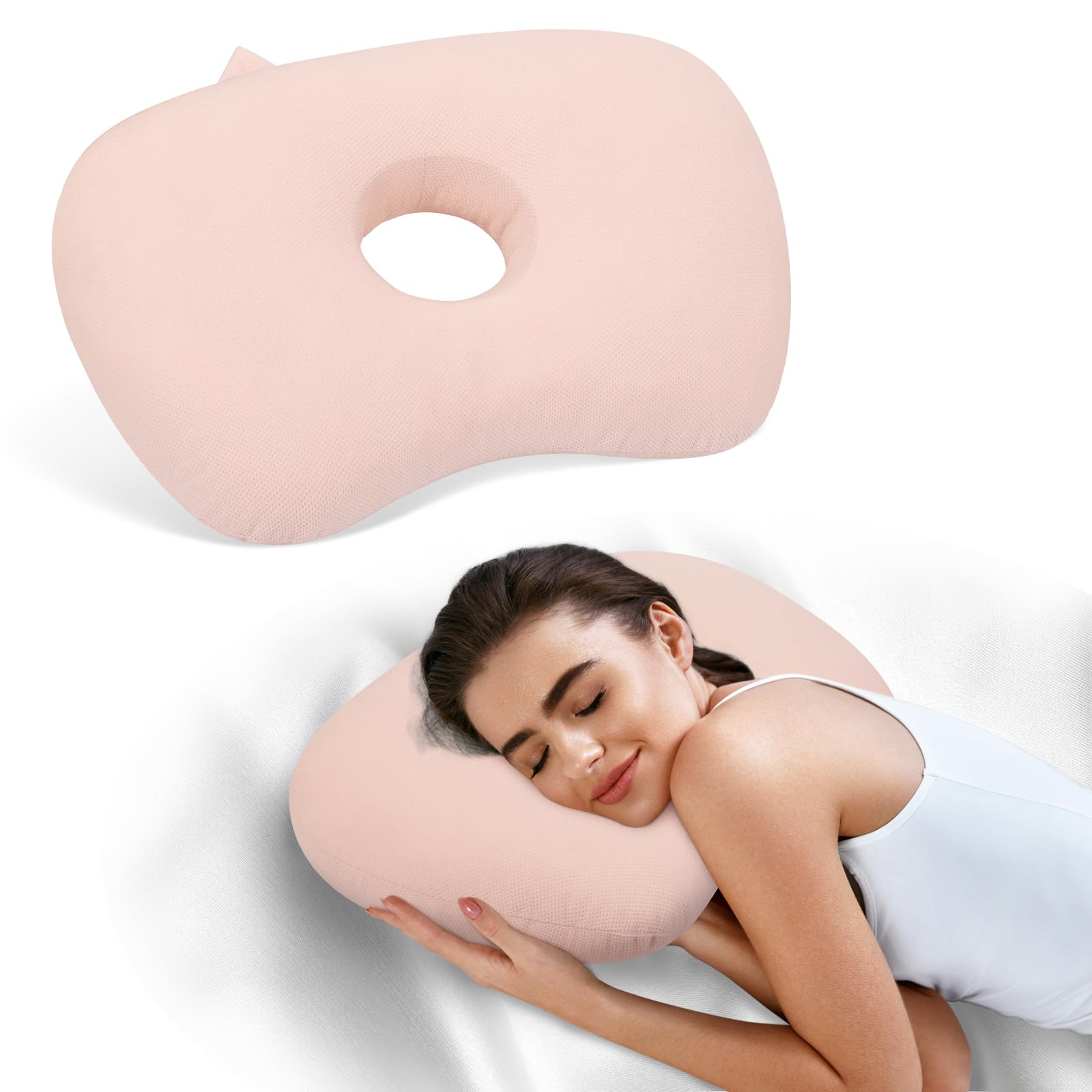 Pozico Pink Ear Piercing Pillow With An Ear Hole For Ear Pain And Side Sleepers (Pink)