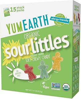 YumEarth Organic Sour Littles Chewy Candy - Allergy Friendly (Top 9 Free), No Artificial Dyes or Flavors, Non GMO, Gluten Free, Vegan Candy Snacks - 15 Count Box