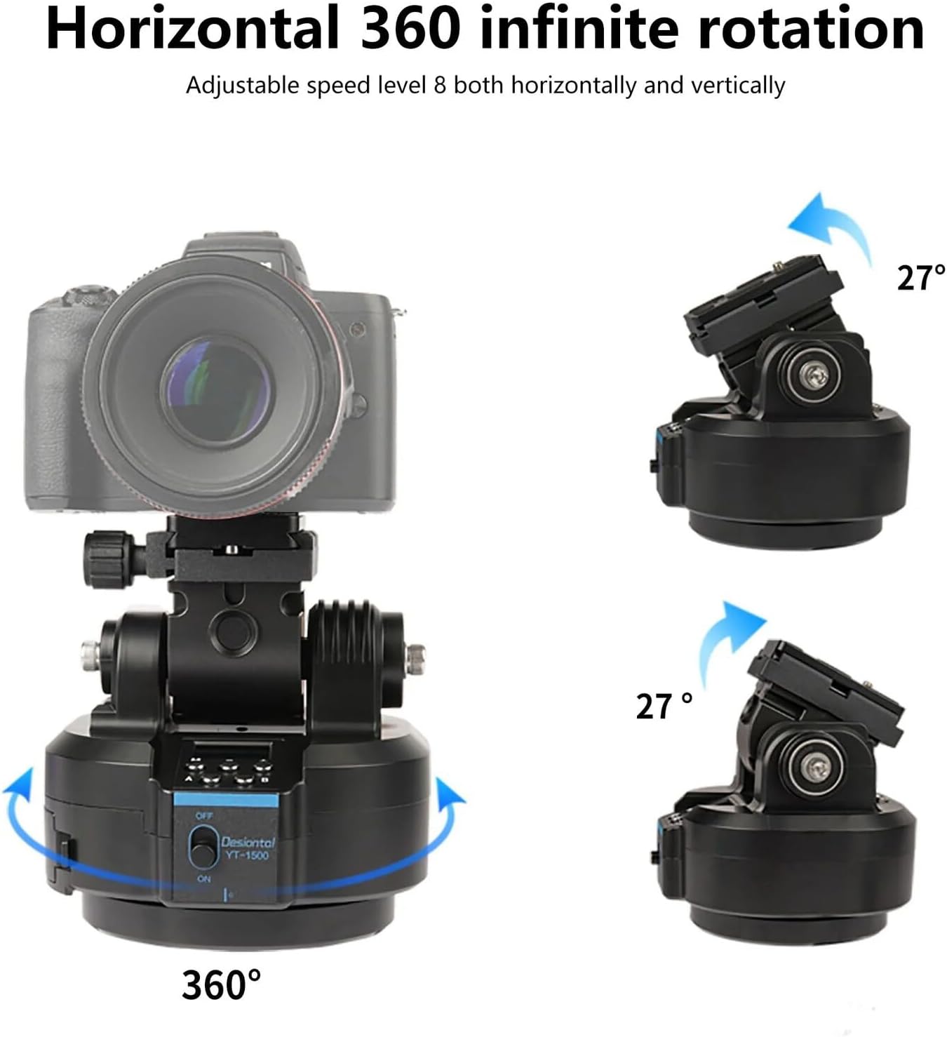 YT-1500 showing 360-degree horizontal rotation and 27-degree vertical tilt