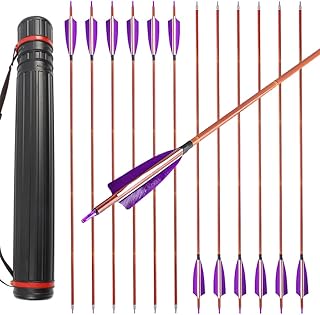 ZSHJGJR 30 Inch Archery Carbon Arrows Bamboo Pattern Shaft 500 Pine Practice Hunting Arrows with Removable Arrow Tips for Hunting Target Shooting 6/12pcs (12pcs + Arrow Quiver Tube)