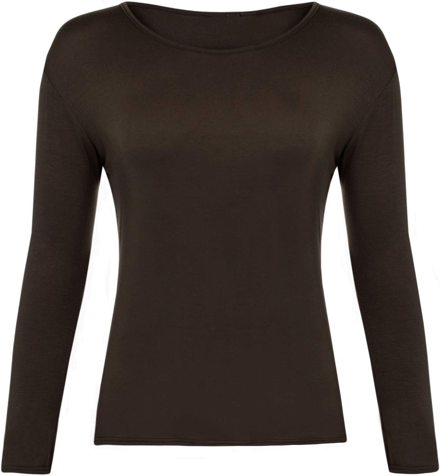Ladies Women Basic Long Sleeve Plain Round Neck Ladies Stretch Plus Size Top T Shirt (Brown, UK XXXL)