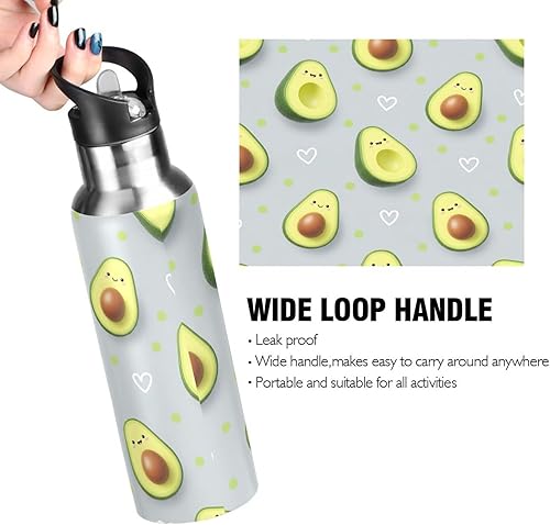Miniatura 4 de Cute Cartoon Avocado Faces Stainless Steel Water Bottle 20 Oz Leakproof Water Bottles, BPA-Free Sports Water Bottle with Straw
