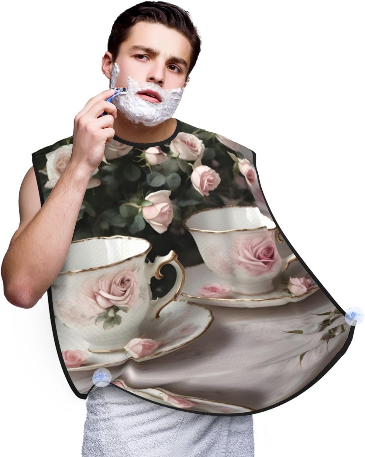 Tea Cups With Roses Romantic Shabby Print Beard Bib Apron For Men, Beard Hair Catcher For Men Shaving Trimming,Beard Cape Cloth