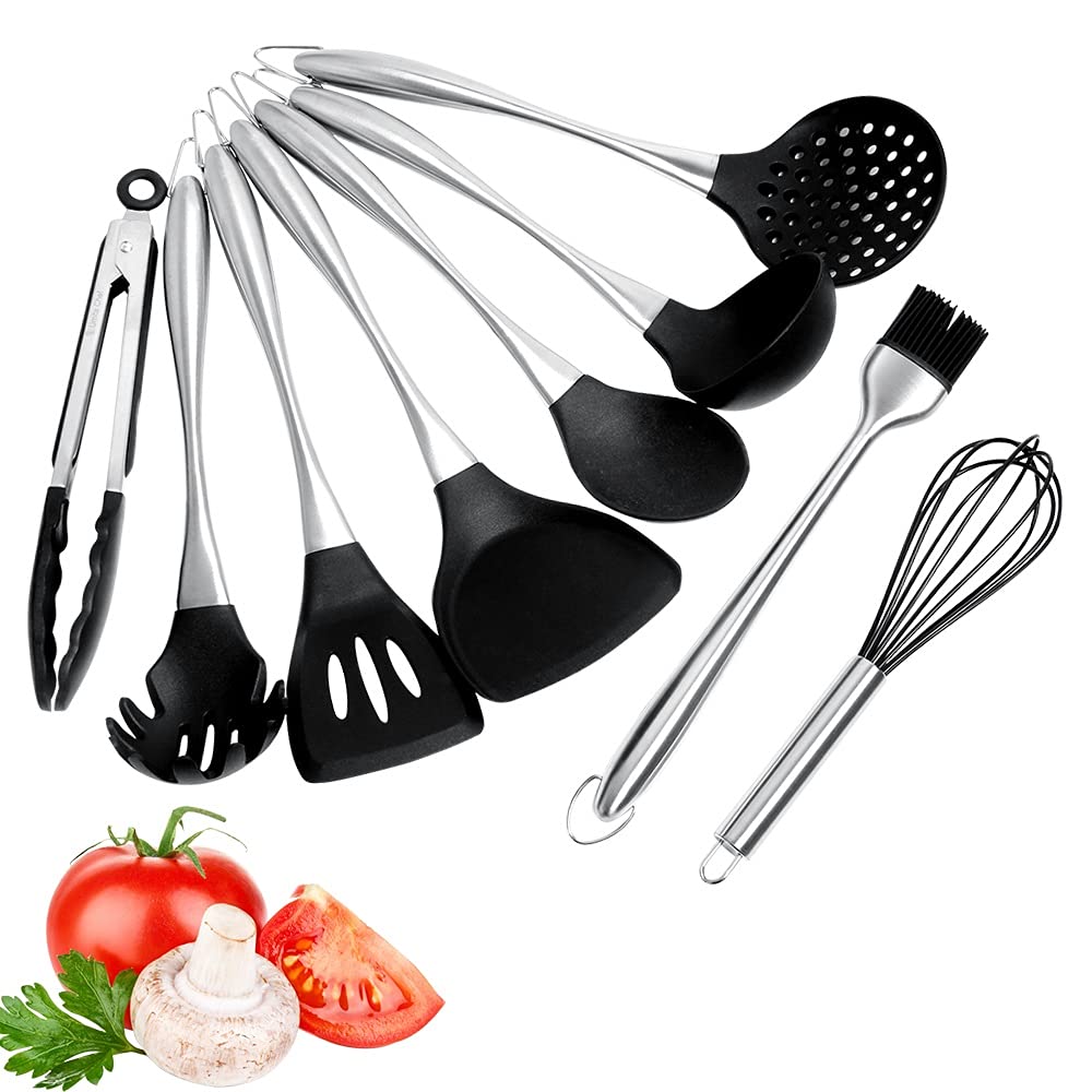 SKUZA Küchenutensilien-Set, Silikon-Spachtel-Küchengeschirr-Set, Edelstahlgriff, Küchenwender, Kochutensilien, Utensilien, Backwerkzeug-Kit, Löffel (Color : 9pcs) (Color : 8pcsb)