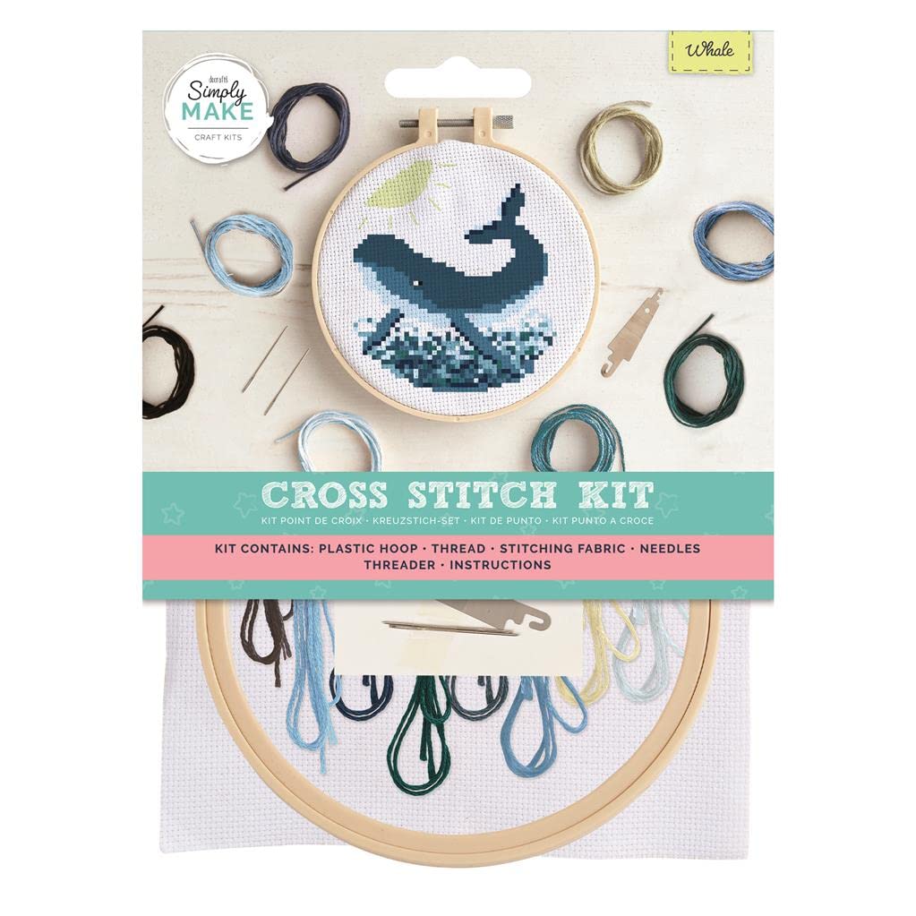 Simply Make Cross Stitch Kit - Whale Design for Kids and Adults, Including Hoop, Embroidery Thread, Fabric and Needle - Perfect for Adult Crafts and Beginners - Starter Cross Stitch Craft Kit