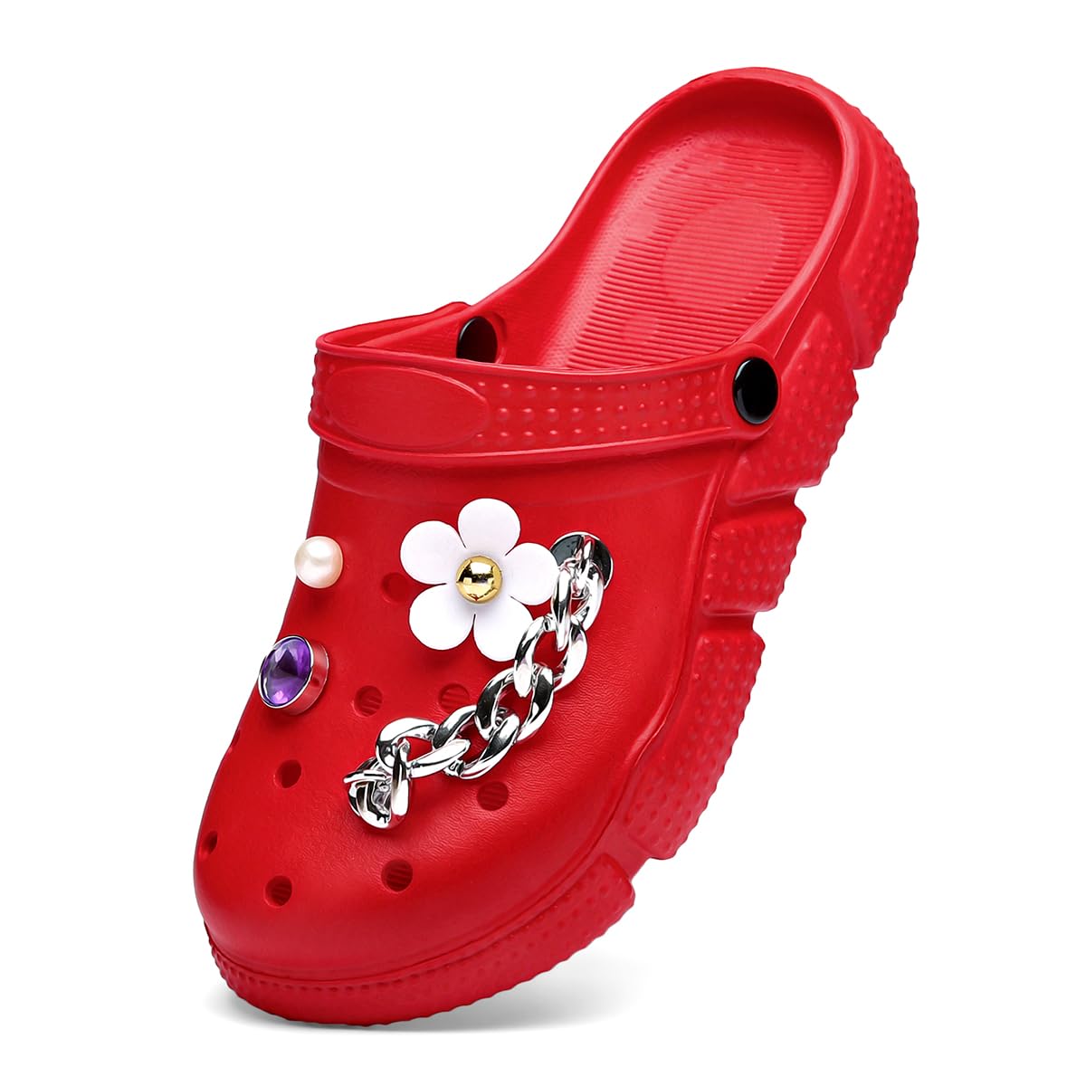 HoEaseWomen's 3D Floral & Chain Decor Clogs, Platform Soft Sole Closed Toe EVA Home Garden Clogs, Two-way Wear Breathable Beach Clogs